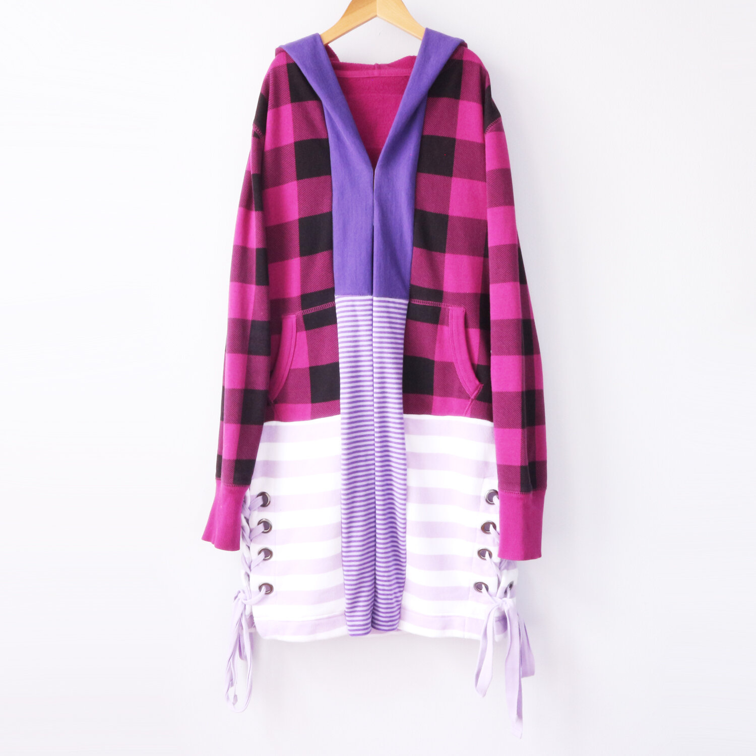 adult womens S purples plaid laced cardigan hoodie robe .jpg