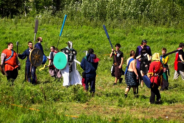 Members of several Amtgard of Alaska parks battle with foam weapons in Fairbanks at a statewide LARP event on May 28, 2016. (Scott Jensen / Alaska Dispatch News)