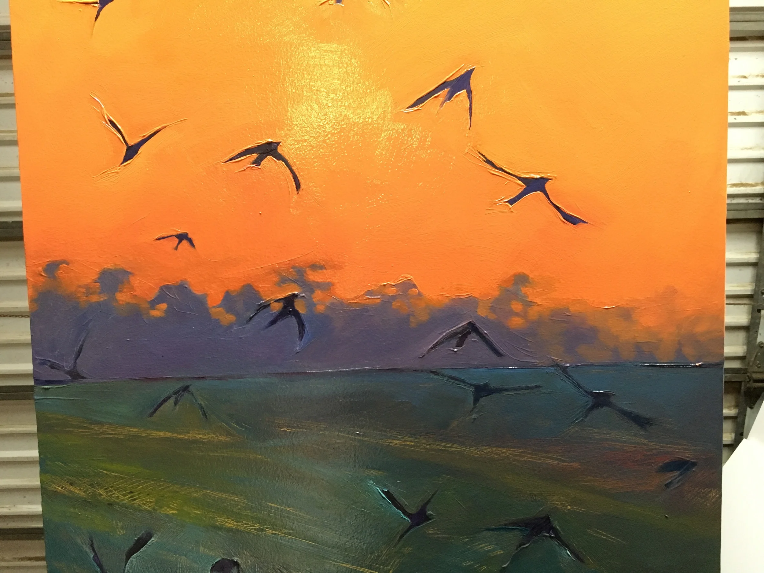 Dawn Flight, in progress. 2015. Oil on panel. 23 x 50 inches. SOLD