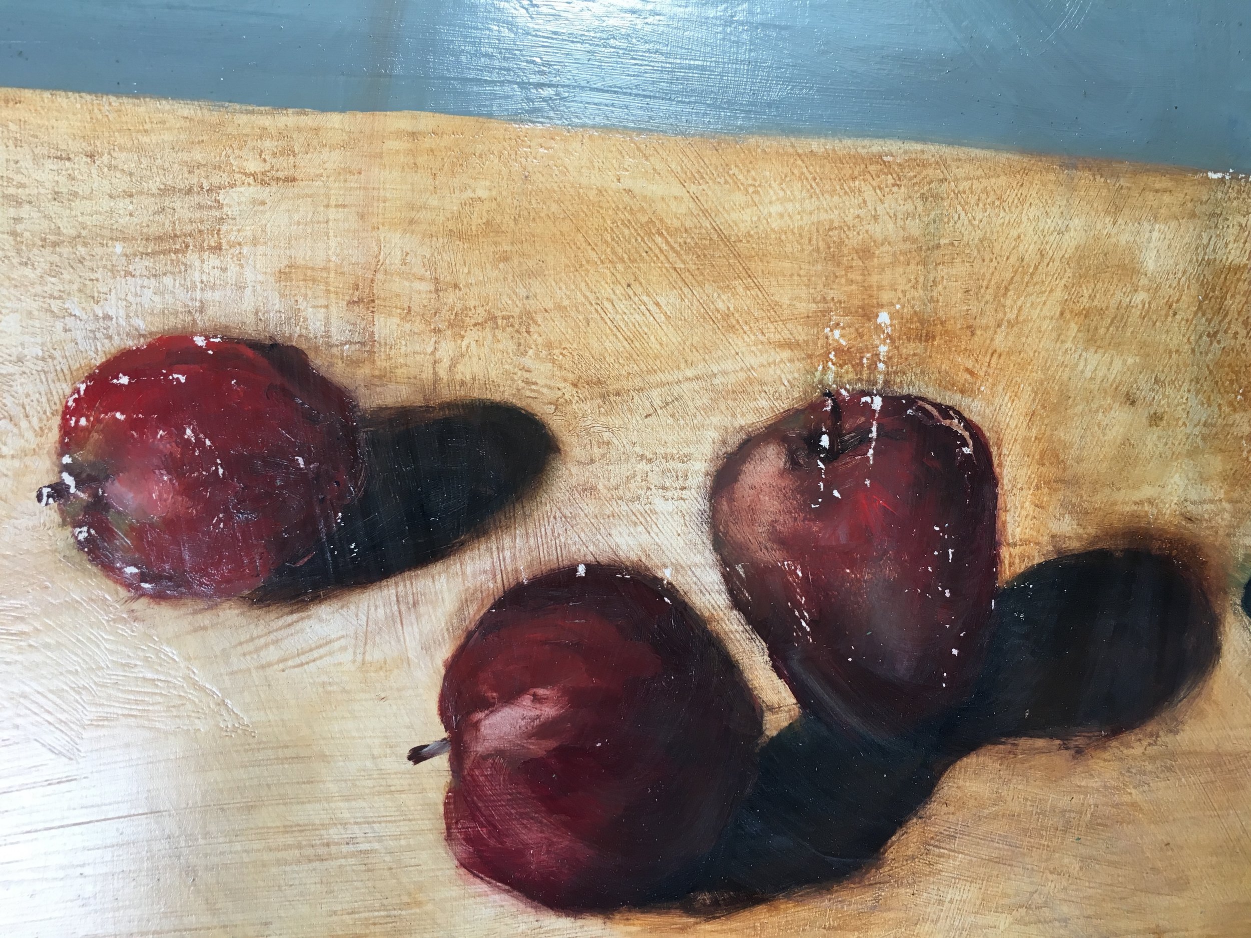 detail from "Apples, Wilted Sunflowers". 2000. Oil on Panel. 36 x 24 inches.