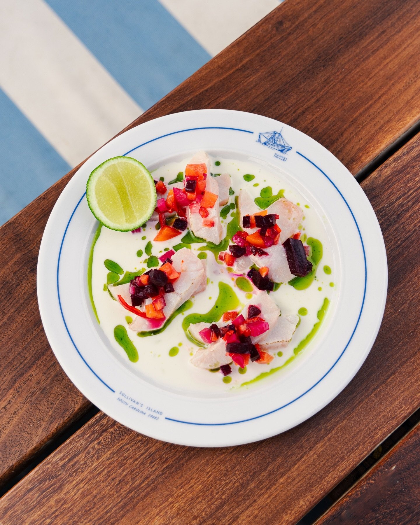 This Cobia Crudo special is crazy good - tonight at @sullivansfishcamp 🐟

Coconut lime leche de tigre, beets, pickled fresno peppers, and dill oil ✨
