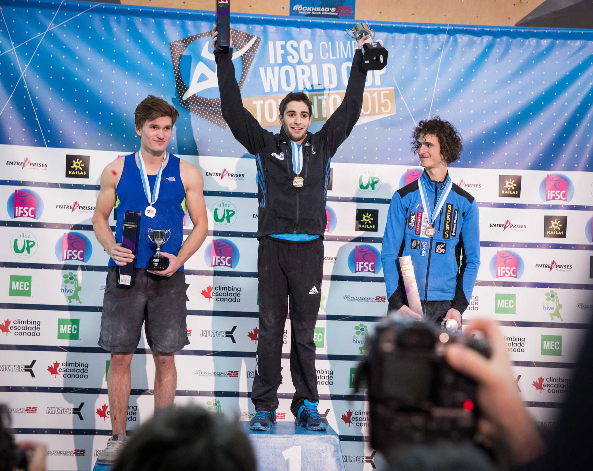 Alban Levier from France places first in the men's category, followed by Nathaniel Coleman from U.S.A. and Adam Ondra from Czech Republic.
