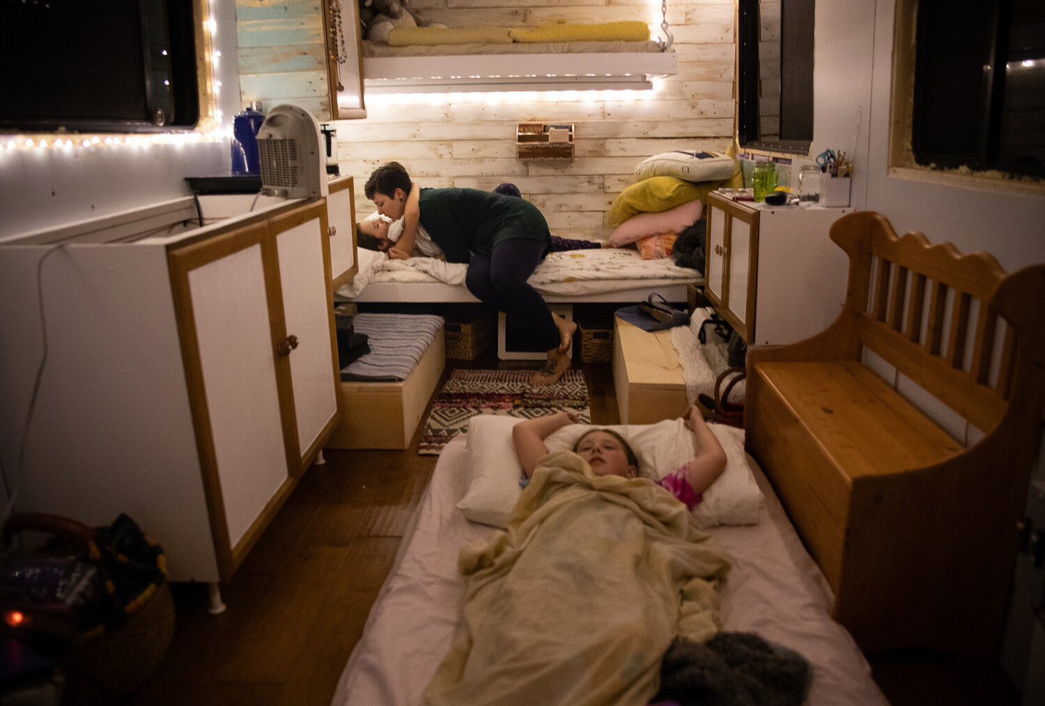  [BARRIE, Ontario] - Meghan tucks in Mollie and her best friend on a sleepover in the van on September 15, 2018. Travelling for months at a time without other children to play with will be a change for Mollie so they are trying to get as much quality