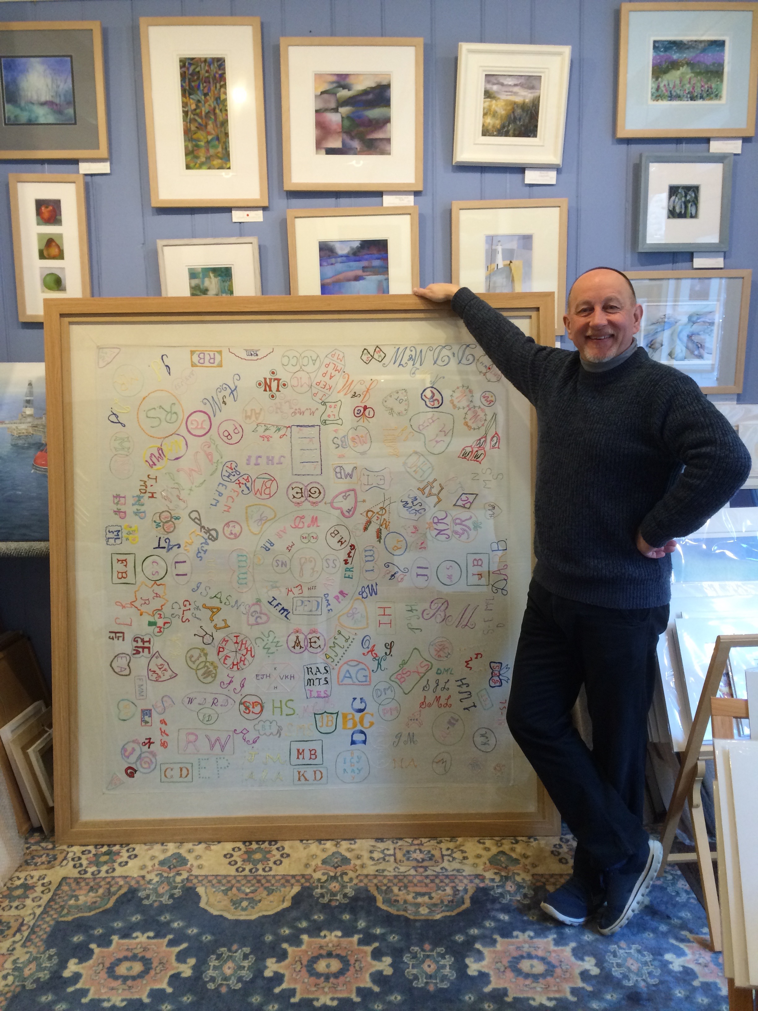 One of the larger items we have framed: a hand-embroidered tablecloth now on display in Spynie Church.