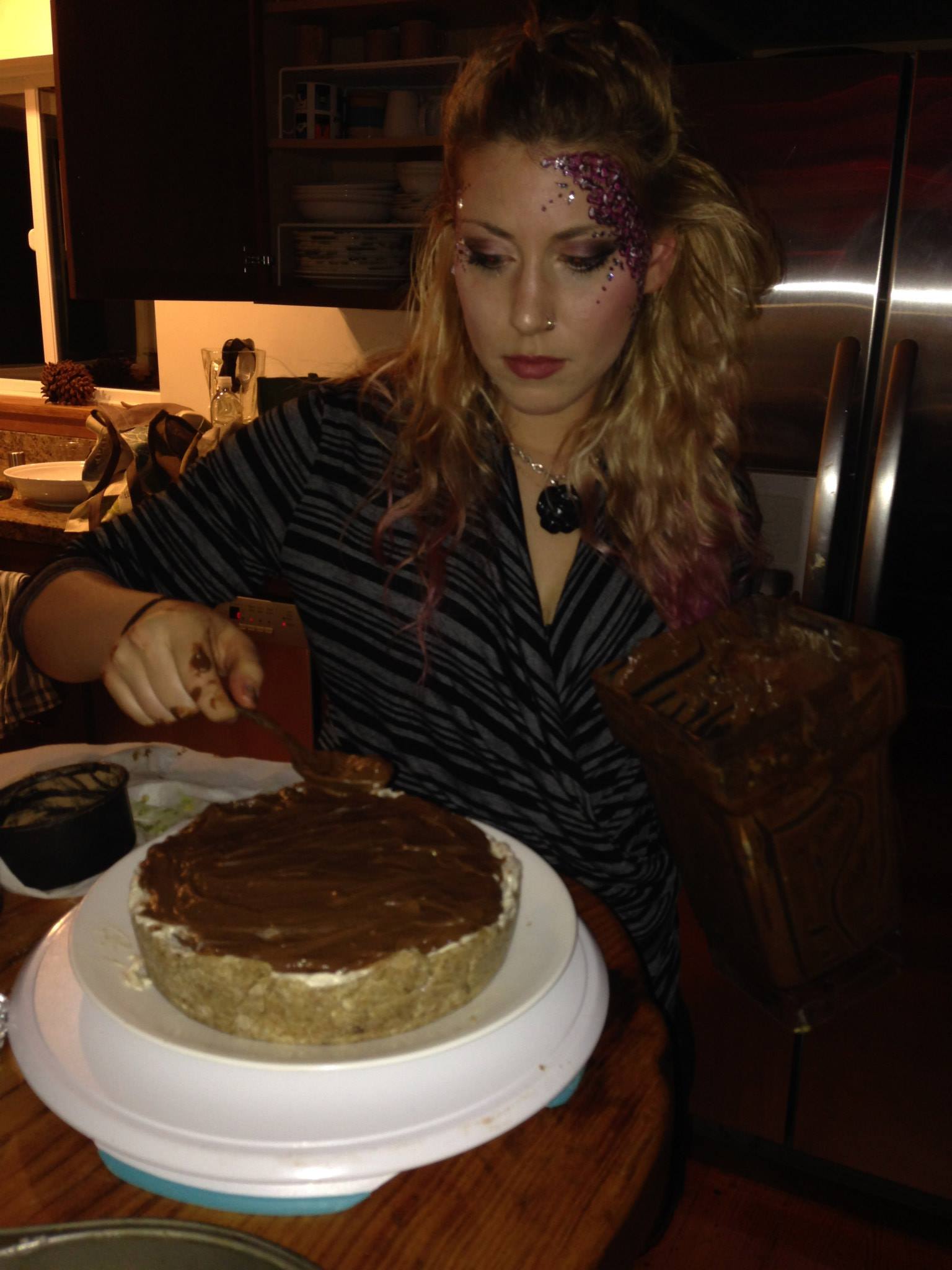 Making Lindsay's raw vegan coconut vanilla cashew ice cream chocolate mousse bleeding-heart Lupercalia Love cake