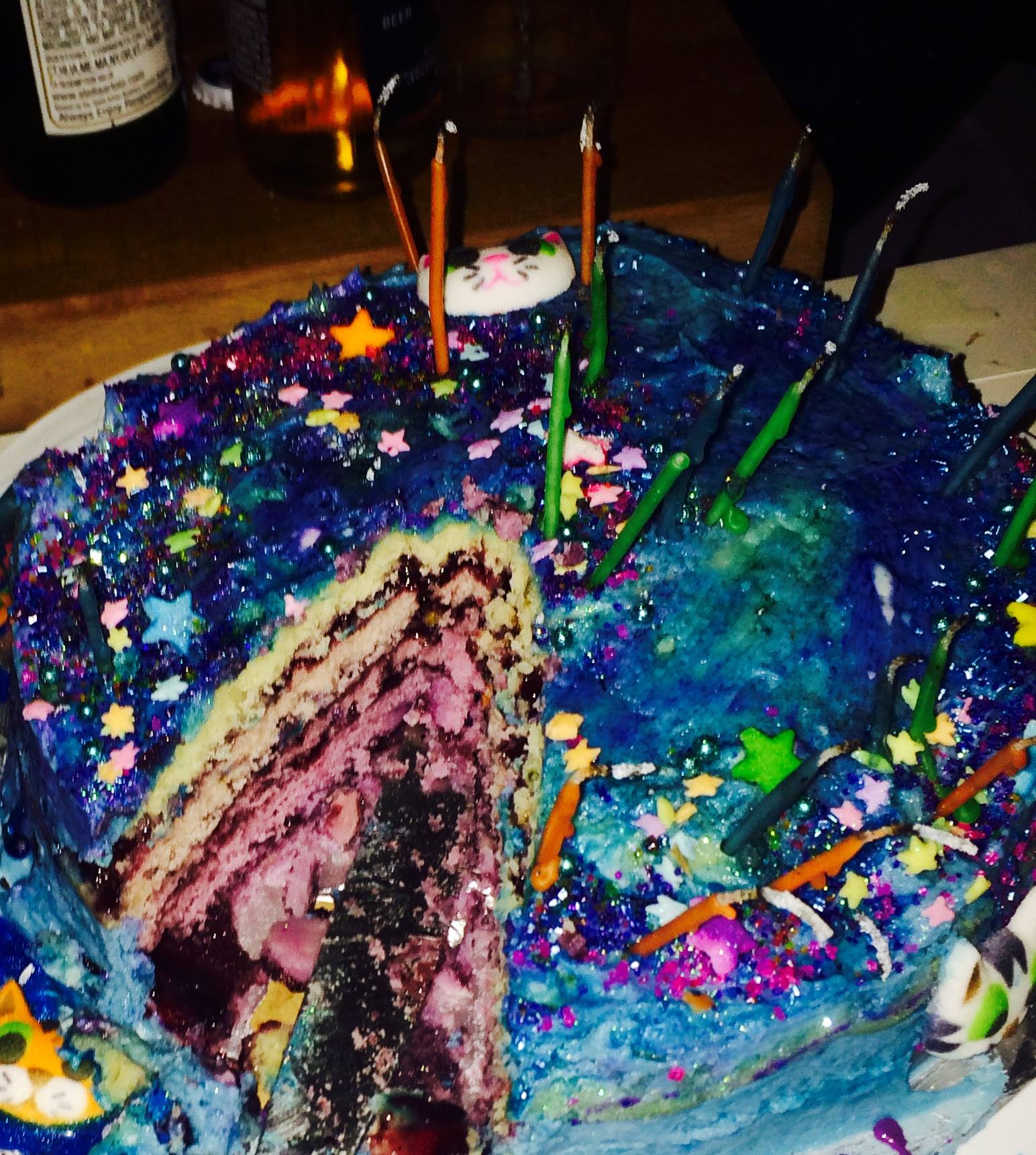 Barbara's 5 layer lavender sparkle space cat cake