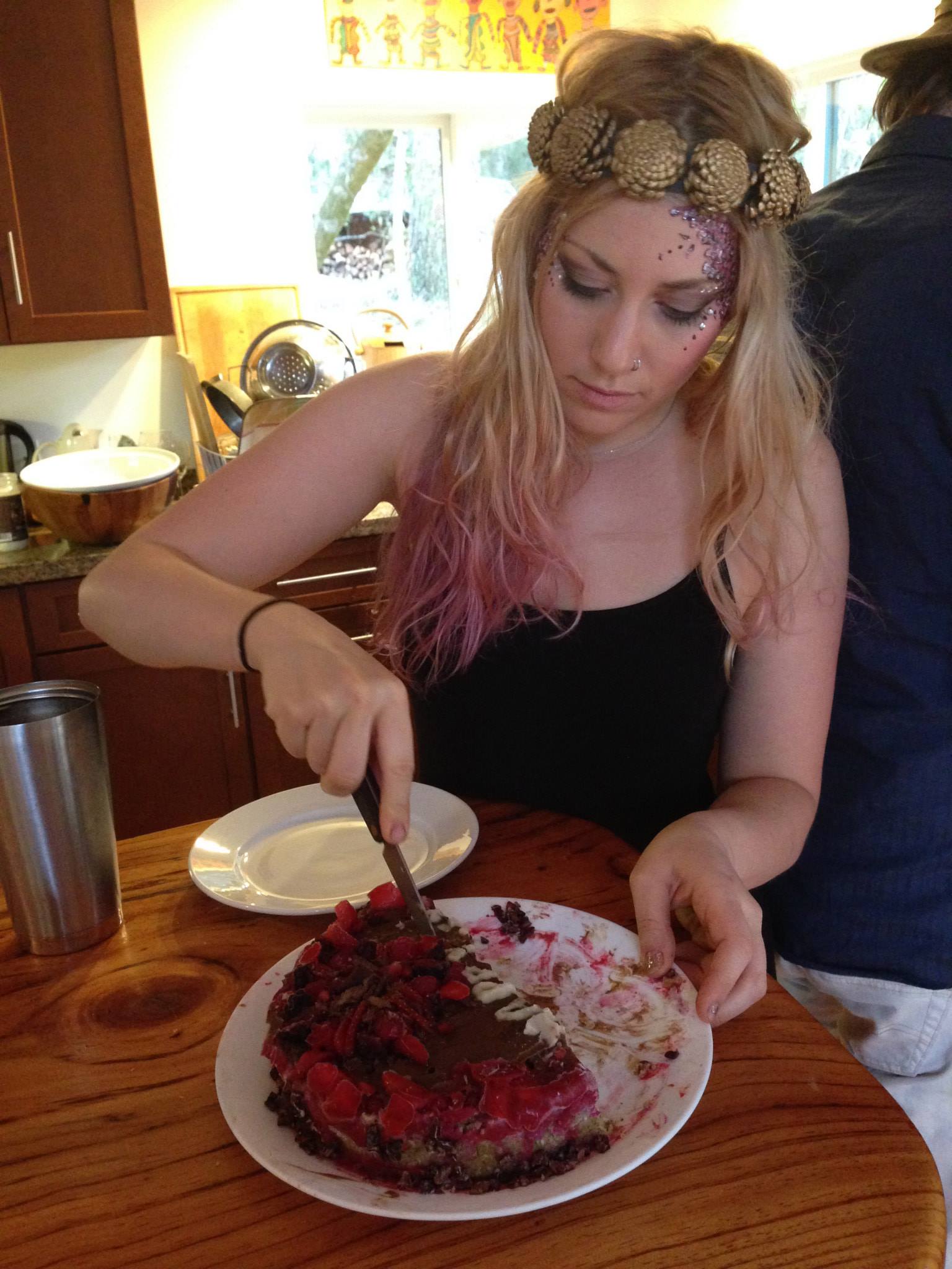 Making Lindsay's raw vegan coconut vanilla cashew ice cream chocolate mousse bleeding-heart Lupercalia Love cake