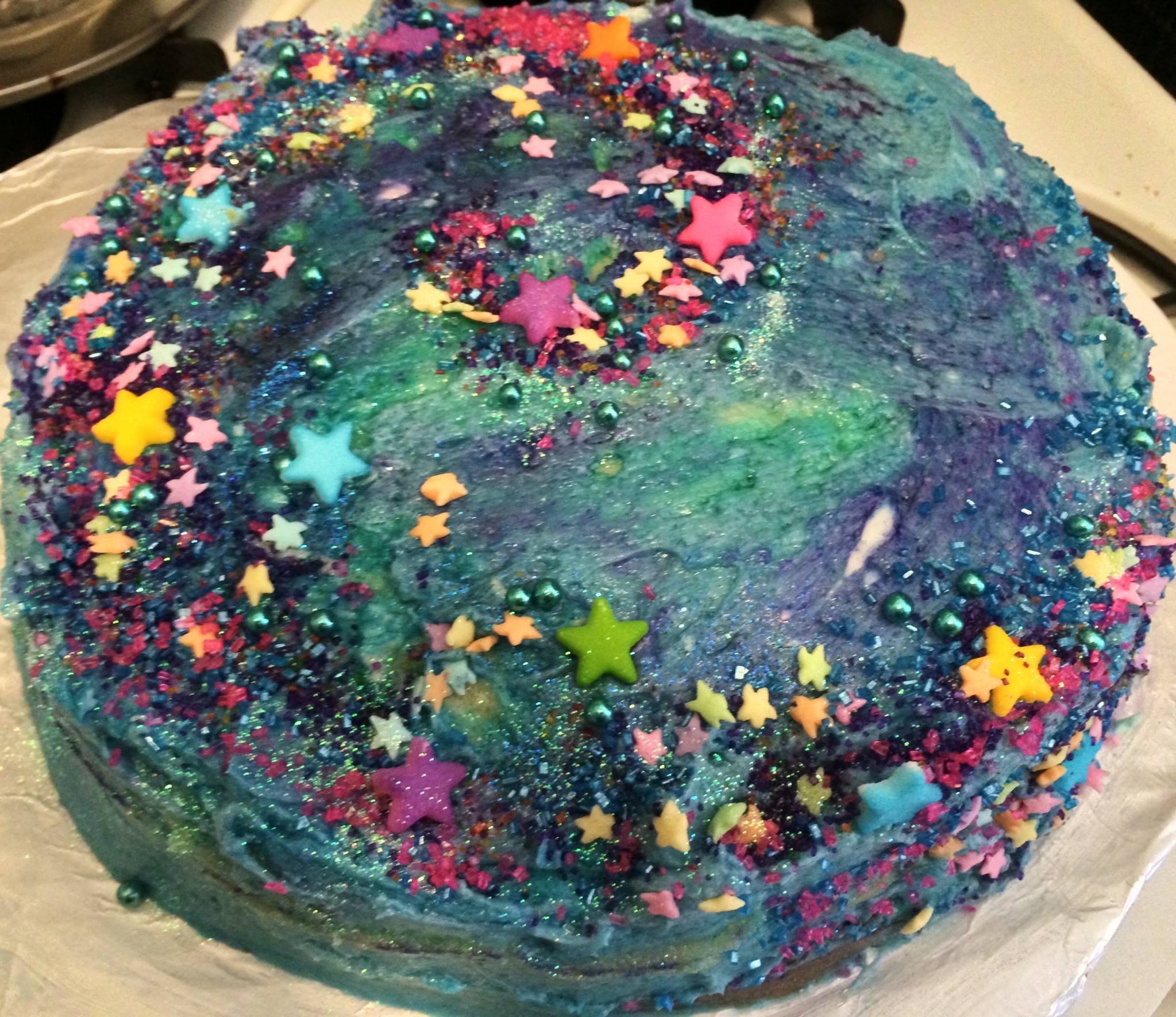 Barbara's 5 layer lavender sparkle space cat cake