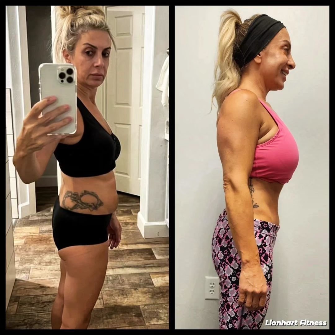 I am super proud of this client!! Putting in the hard work and getting the results for it. Consistency beats all, no matter the age. Your body only knows what you give it. What I love most about this transformation is that her weight went up on the s