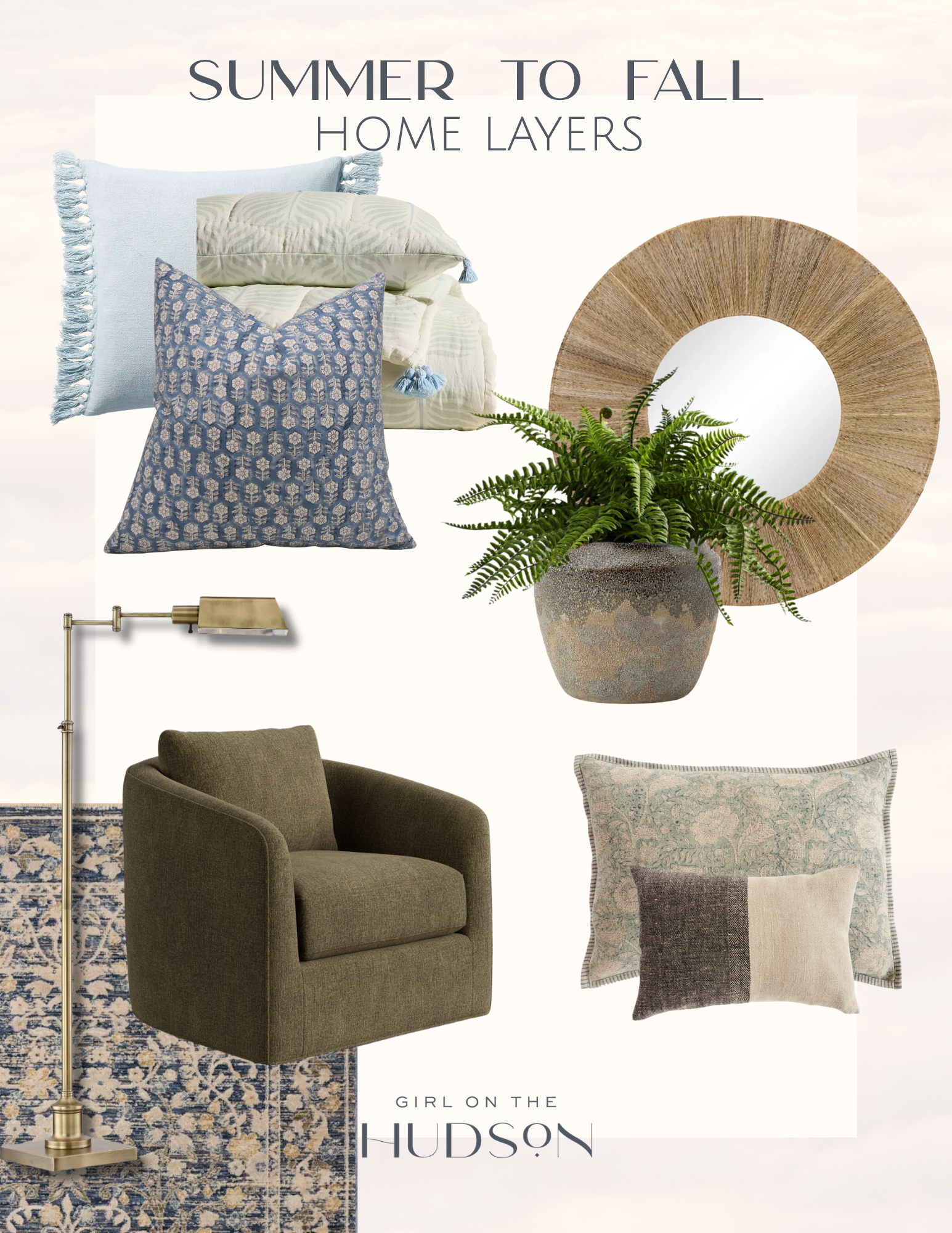 Summer to fall home decor collage featuring blue and green throw pillows, layered bedding, olive accent chair, patterned rug, brass floor lamp, woven mirror and potted fern.