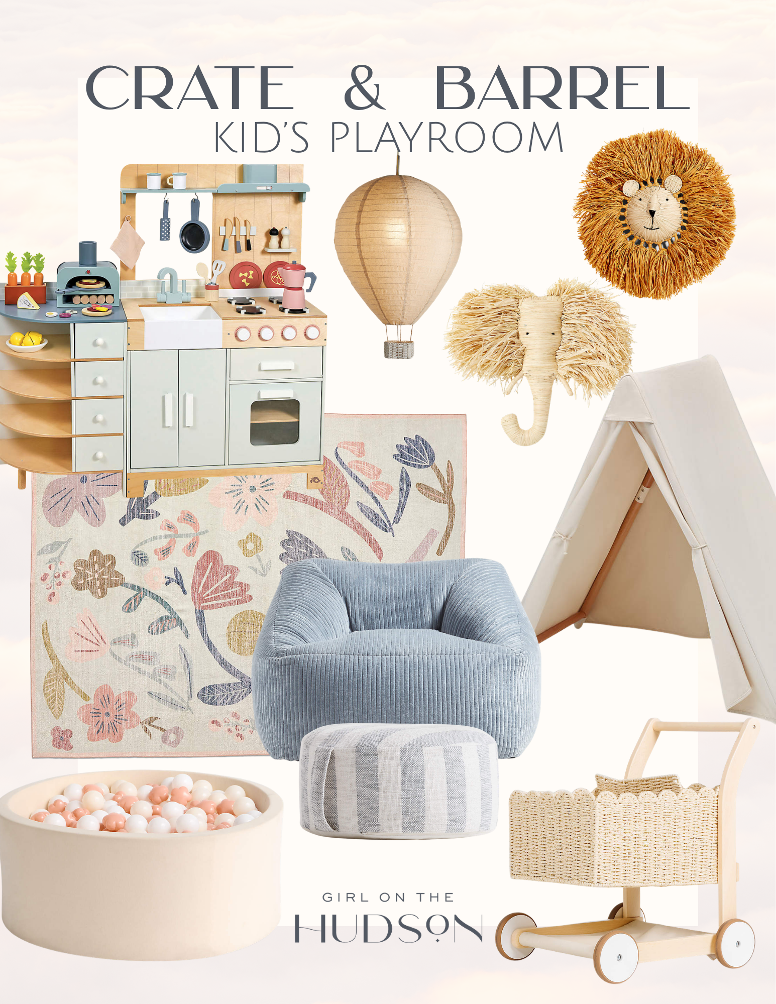 Crate and Barrel kids playroom design collage with play kitchen, ball pit, tent, and neutral kids furniture