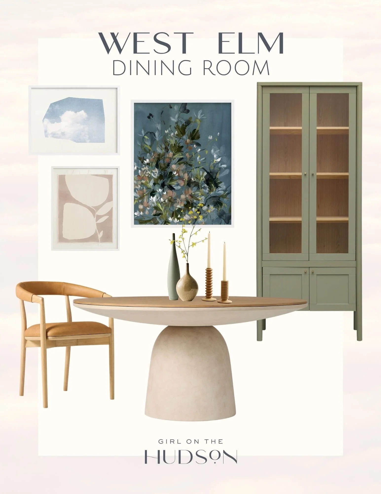 West Elm dining room furniture with round pedestal table, wood dining chair, green cabinet, and modern wall art for spring home styling