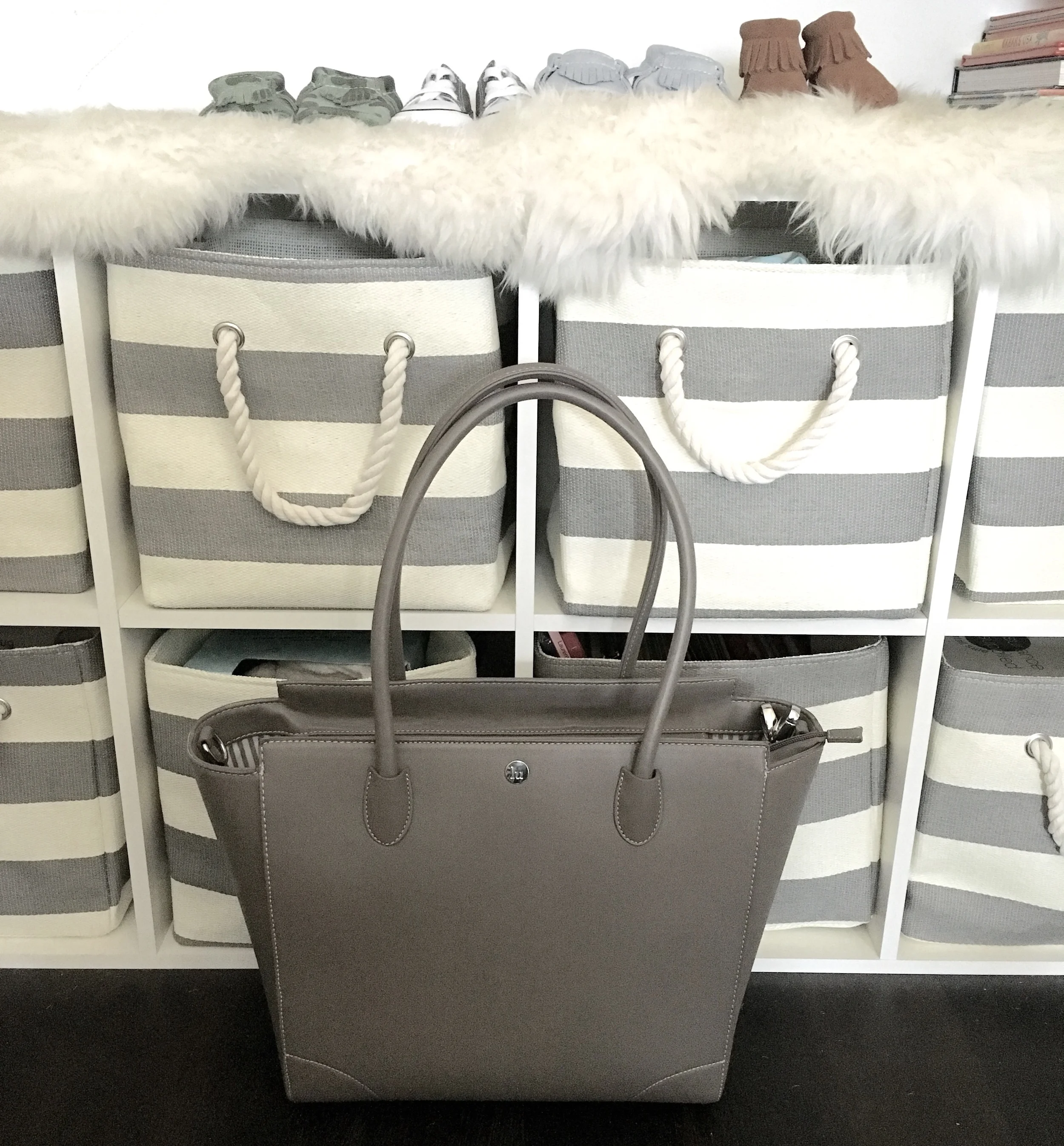 Storage baskets: Land of Nod ; Diaper bag: Little Unicorn