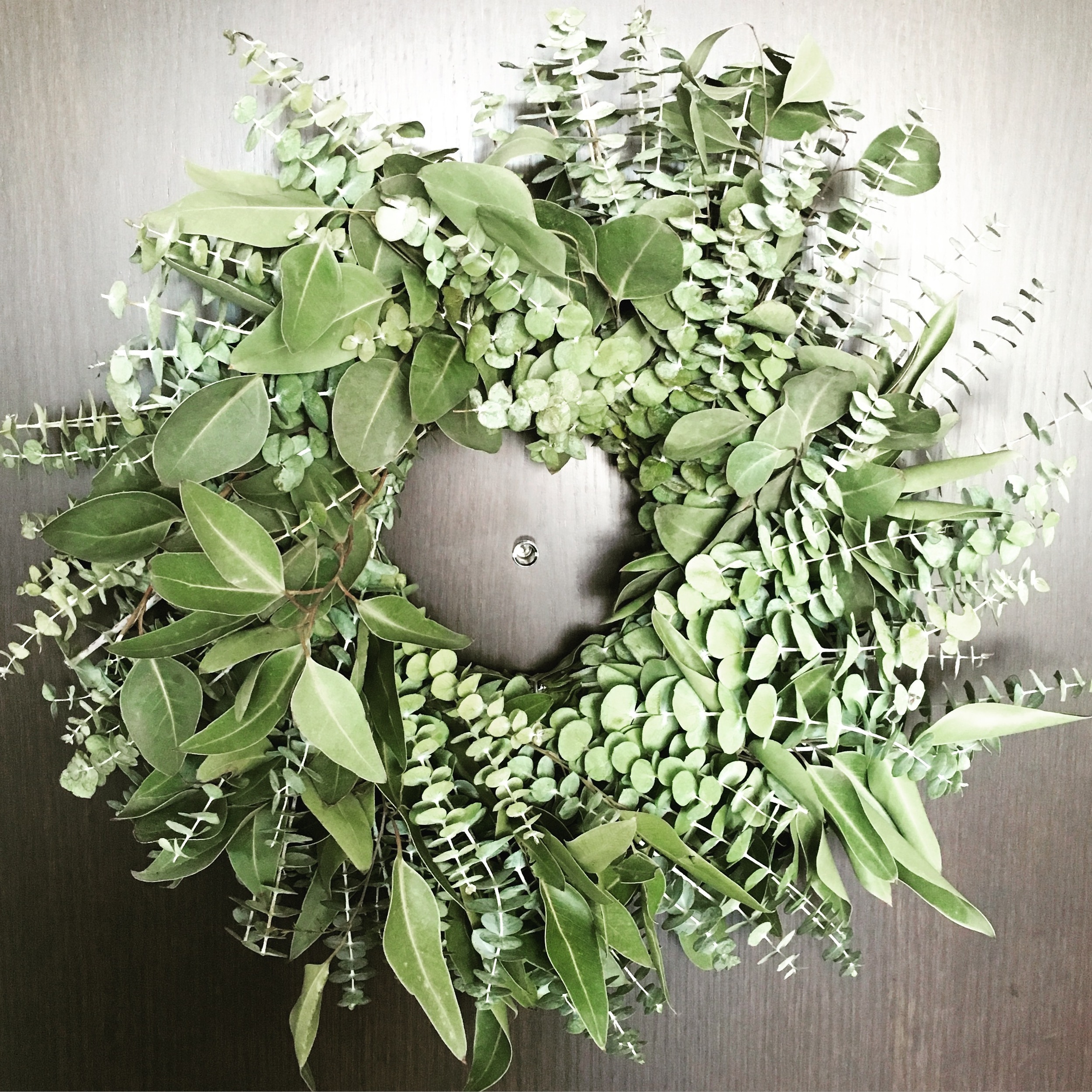 A fresh eucalyptus wreath from West Elm on our front door