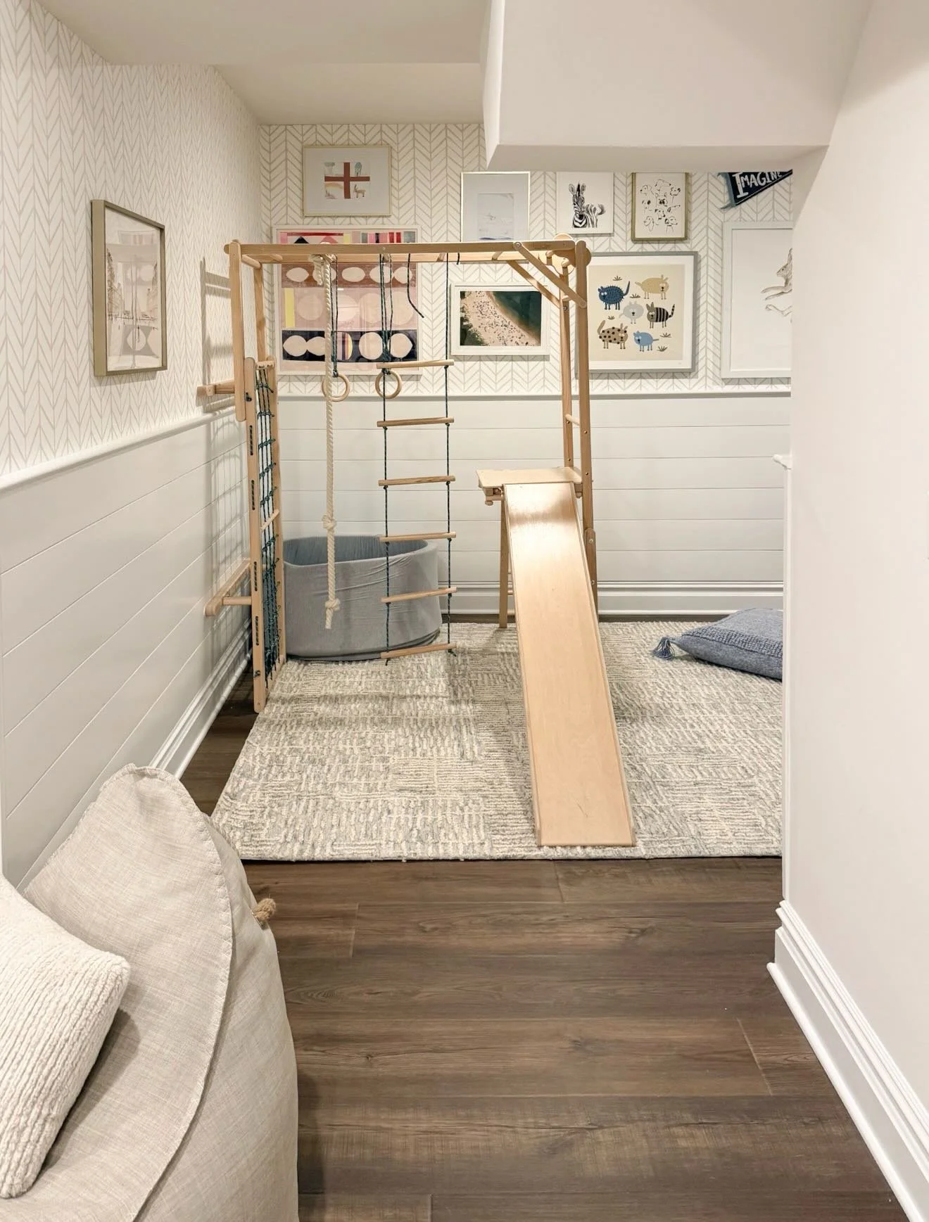 Sometimes you have to get really creative to make things work! 

Our basement flooded so we had to gut the space and completely rebuild it. I had just installed this wallpaper in the playroom not too long ago and really didn&rsquo;t want to lose it b