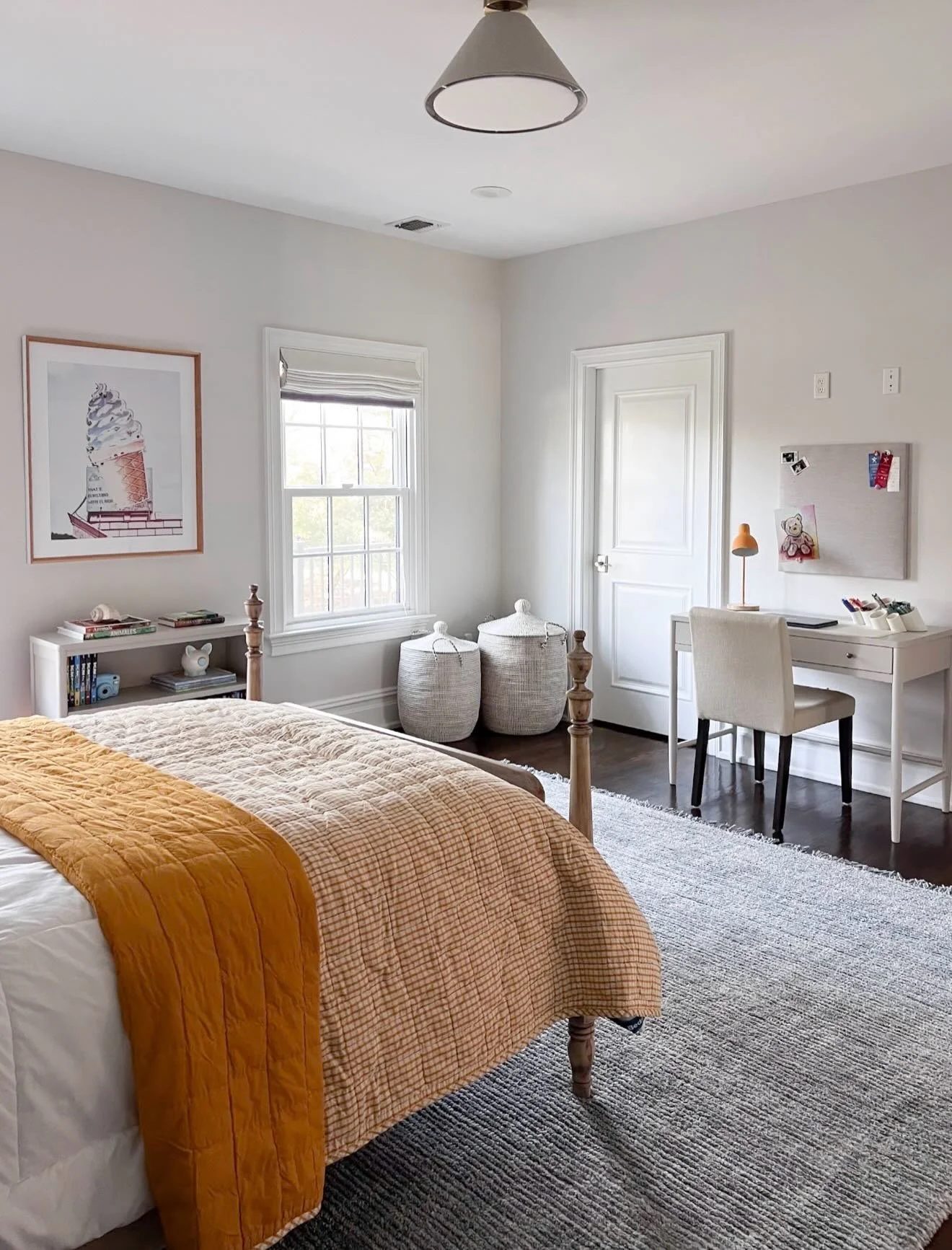 A boy&rsquo;s bedroom can still feel colorful and whimsical and fun 🩶 A peek at a bedroom that I designed a few years ago: favorite colors were yellow and blue and he really wanted cloud wallpaper so we delivered with this gorgeous mural behind his 