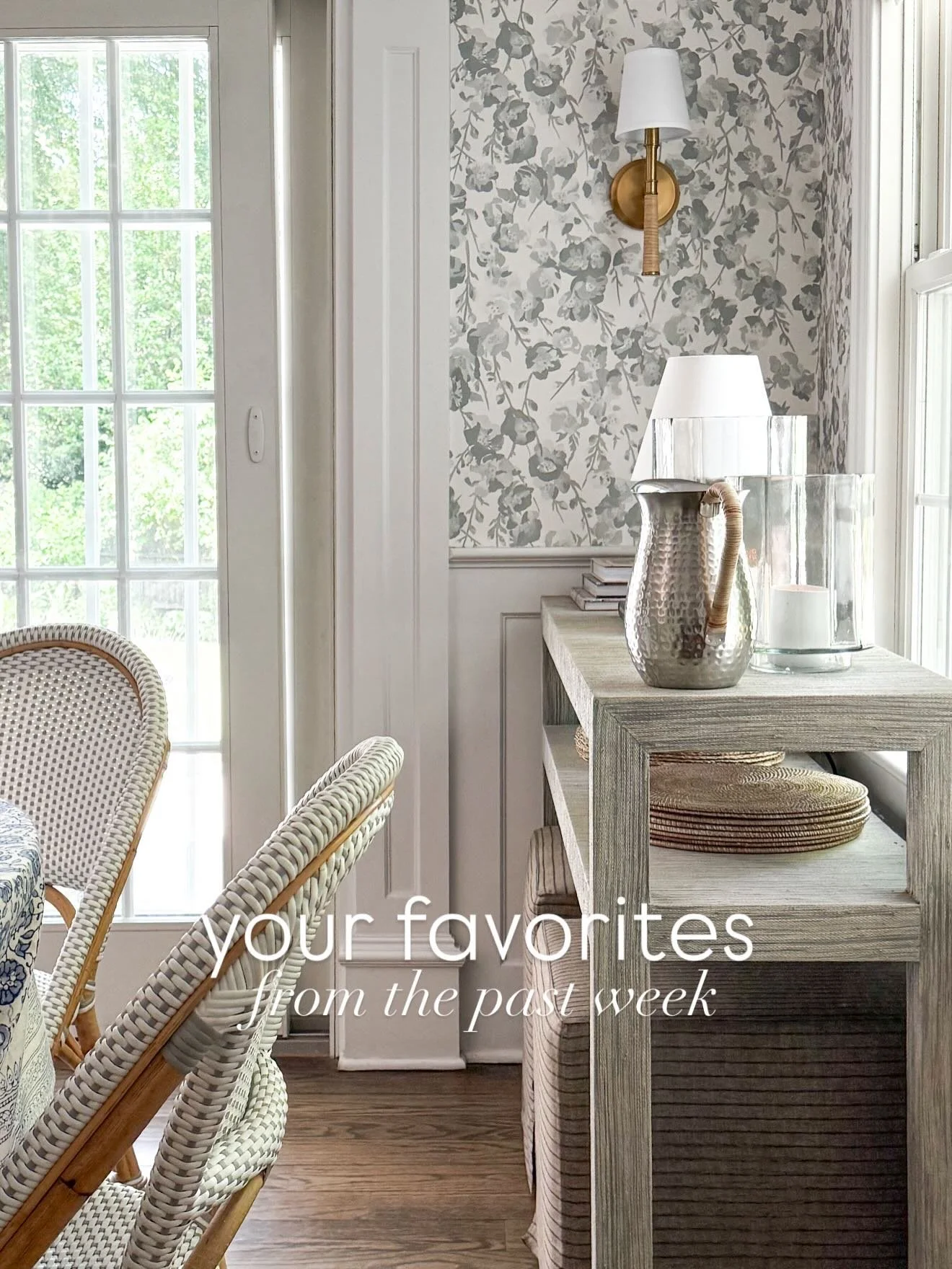 This week&rsquo;s favorites! 

My go-to everyday summer bag, the prettiest woven planter for your front porch or backyard, my 5 min beauty routine, the most perfect rug that looks good in every room, glass hurricanes for outdoor entertaining, and our