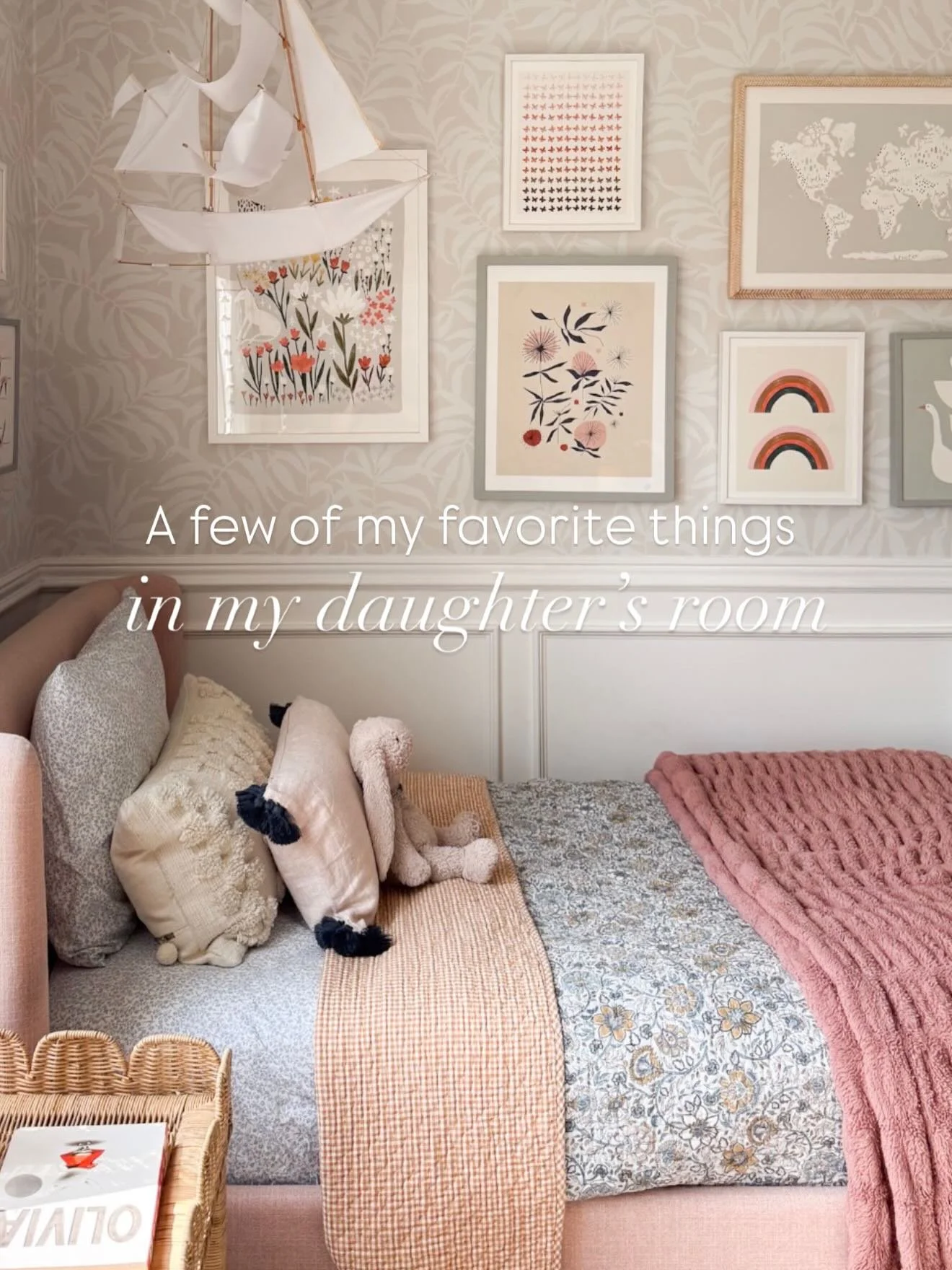 A few of my favorite things in my daughter&rsquo;s bedroom&hellip; 

This coastal peel-and-stick wallpaper, a whimsical gallery wall of art, a pattern mix of bedding, the softest rug you&rsquo;ll ever set foot on, a lounger that she&rsquo;ll never ou