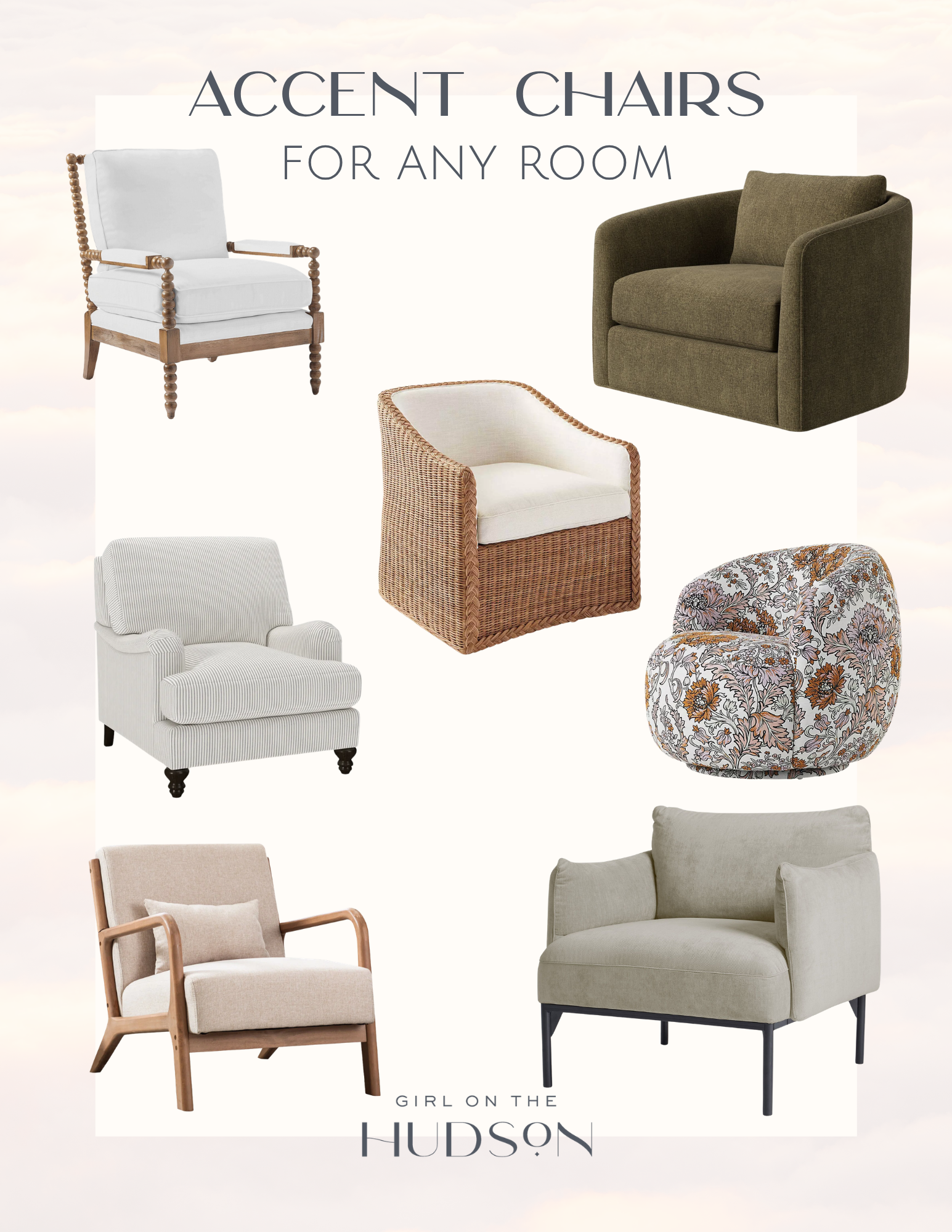 Roundup of upholstered, woven, and wood accent chairs for creating a cozy reading nook or coffee corner in any room of the home.