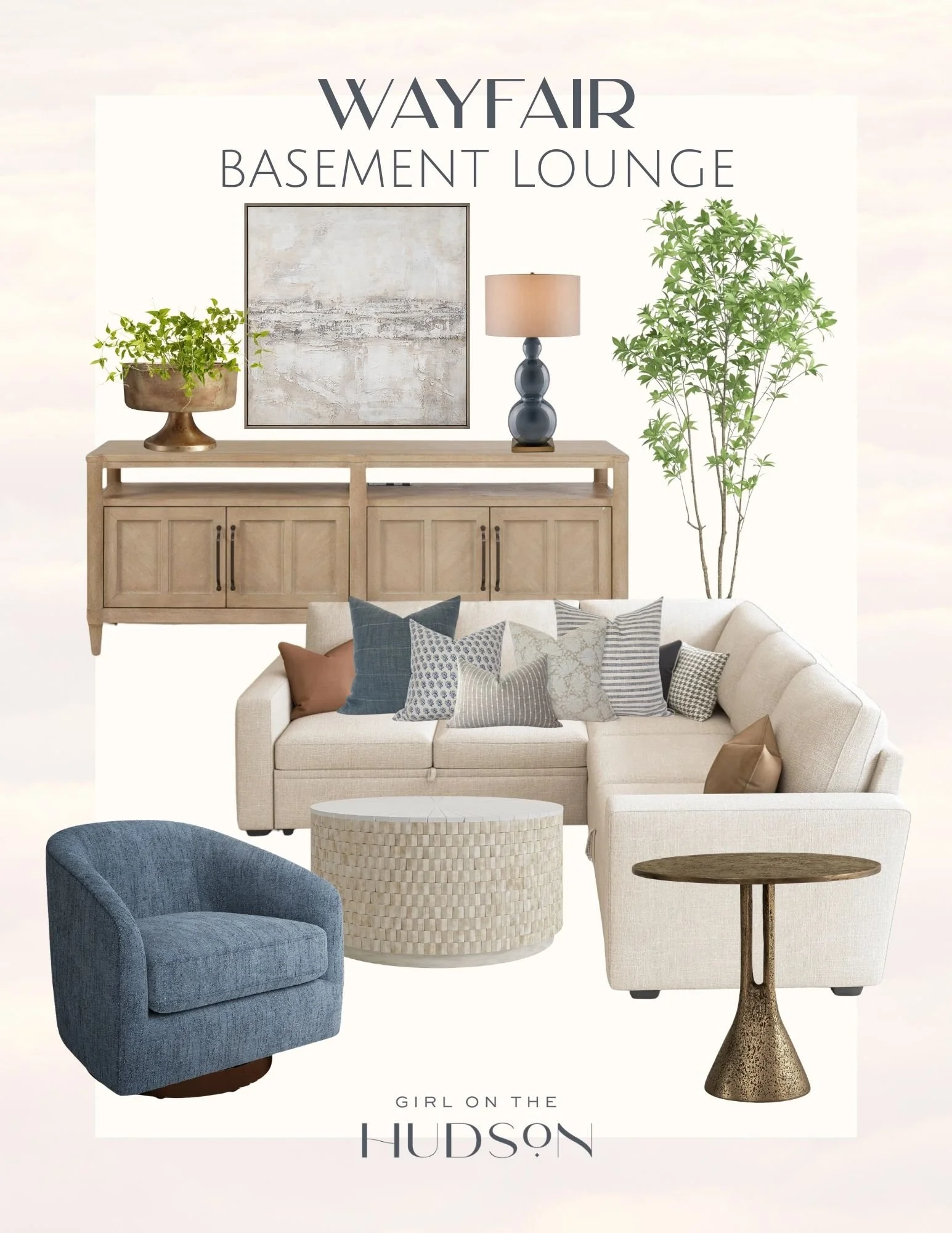 Wayfair basement lounge furniture collage with sectional sofa, accent chair, console table and neutral living room decor ideas