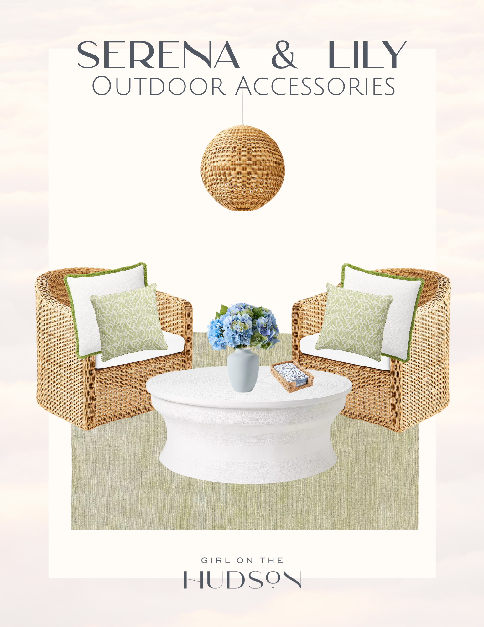 Serena and Lily outdoor patio setup with wicker chairs, green pillows, white coffee table, and pendant light