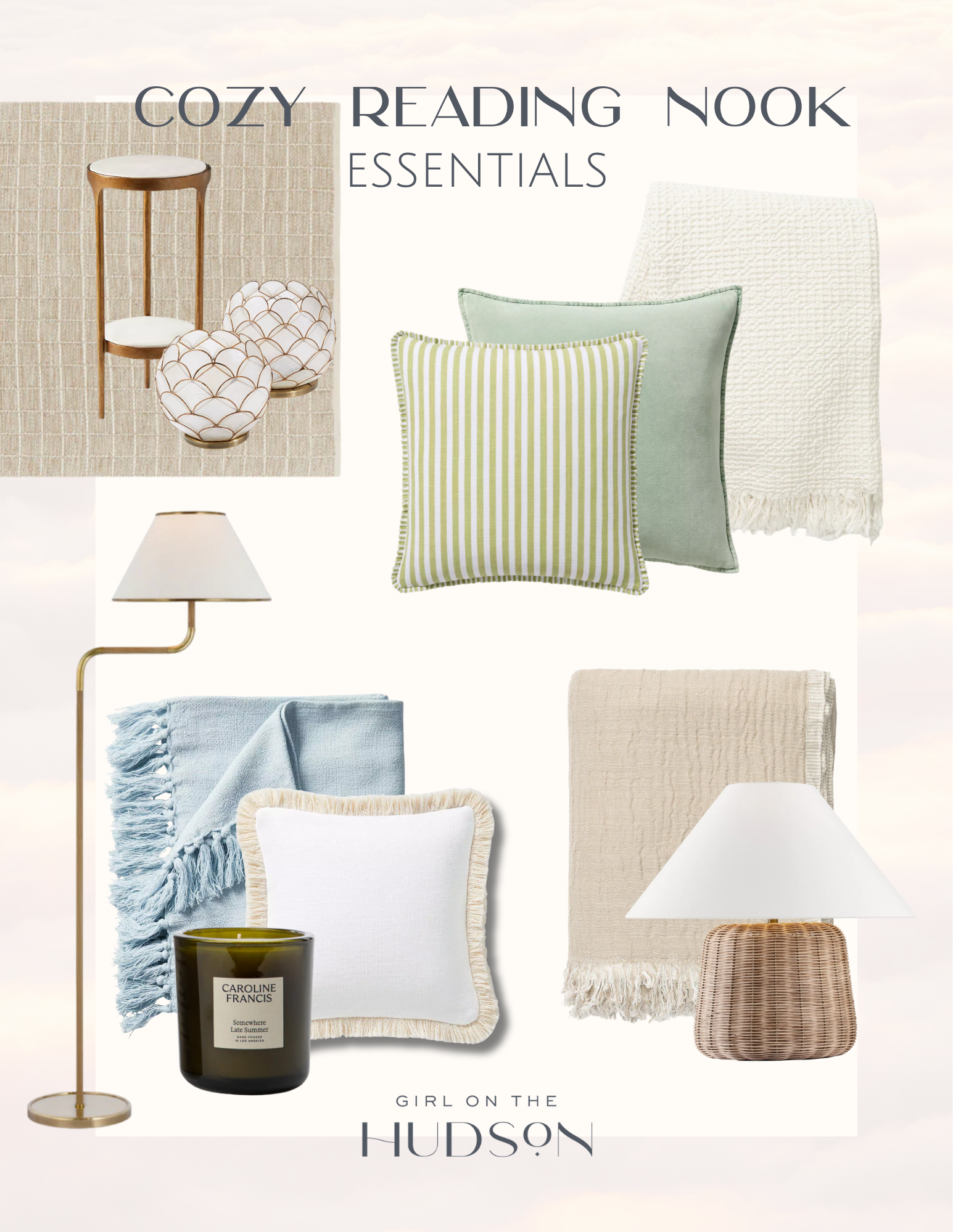 Cozy reading nook essentials featuring a side table, floor lamp, table lamp, decorative pillows, throw blankets, candle, and decorative bowls for creating a warm, inviting space.
