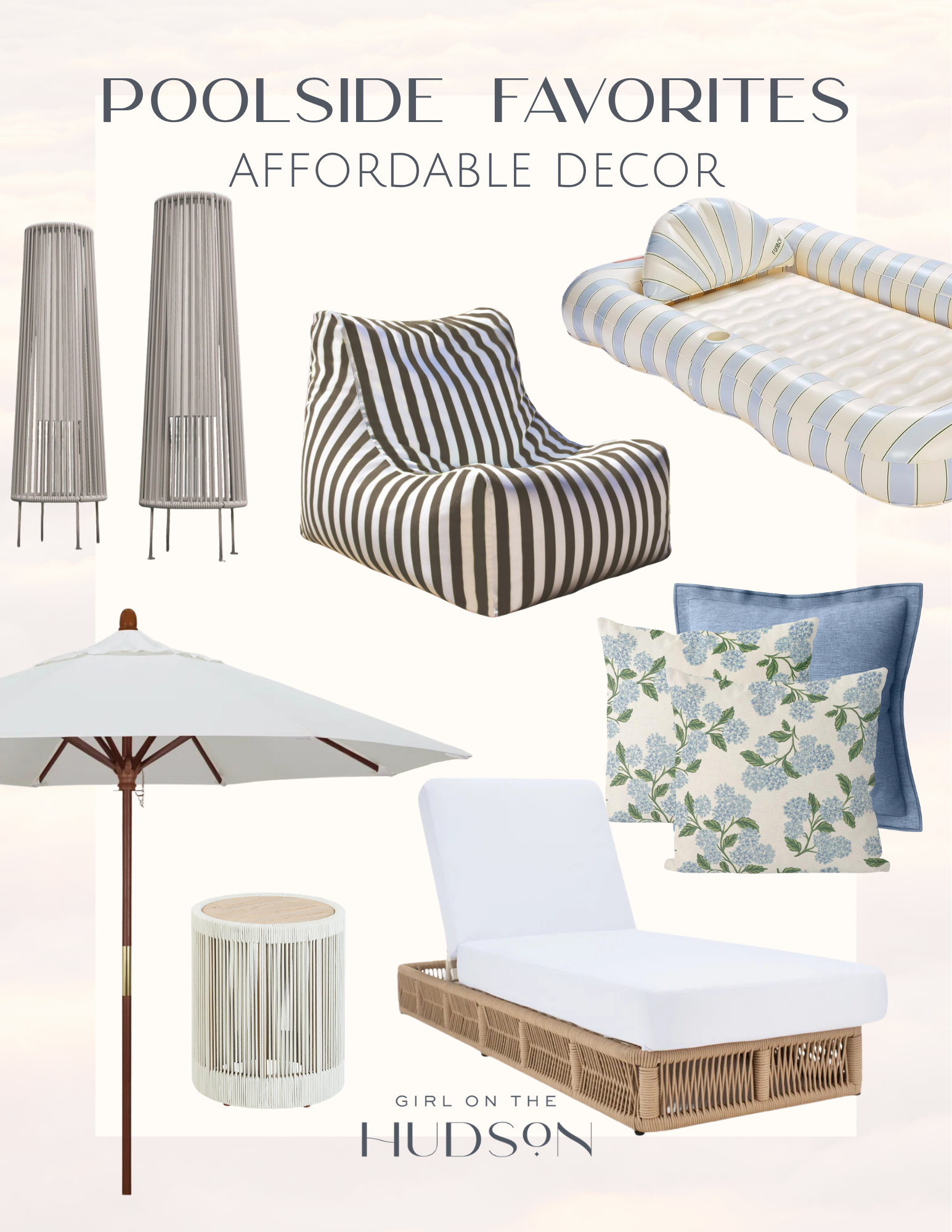 Poolside decor inspiration collage featuring affordable outdoor furniture and accessories including a wicker chaise lounge, striped bean bag chair, outdoor umbrella, decorative outdoor lanterns, inflatable pool float, floral outdoor throw pillows