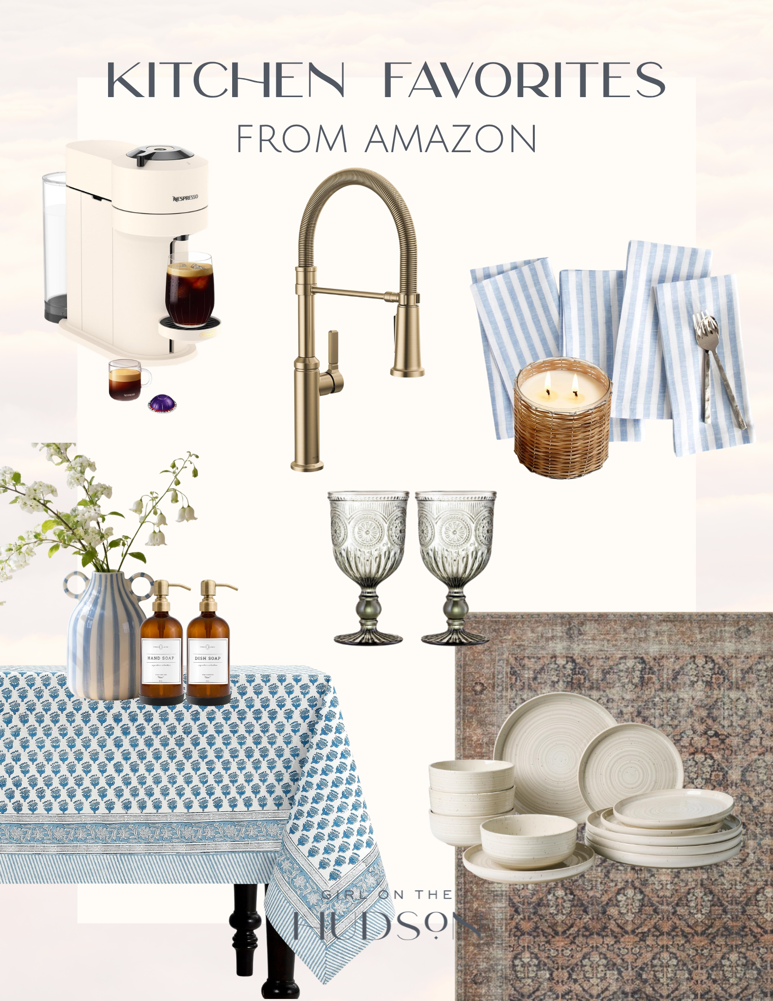 Amazon kitchen favorites collage featuring a Nespresso coffee machine, brass kitchen faucet, striped cloth napkins, woven candle, blue striped pitcher vase,