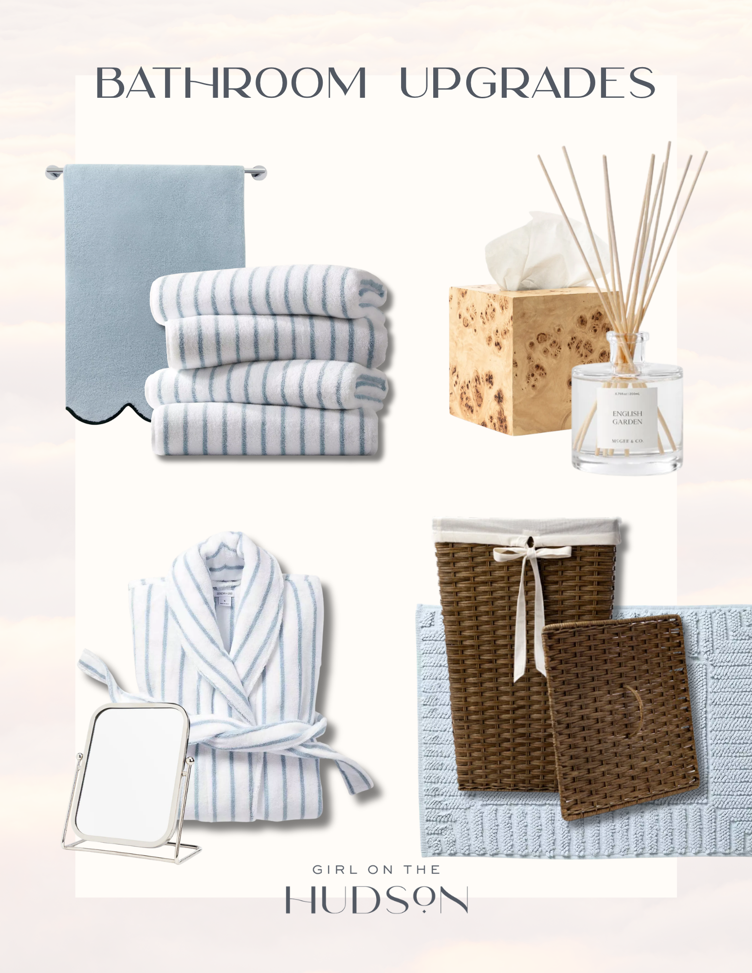 Bathroom upgrades collage featuring soft blue bath towels, striped washcloths, a coordinating robe, tabletop mirror, woven laundry hamper, textured bath mat, wood tissue box cover, and reed diffuser.