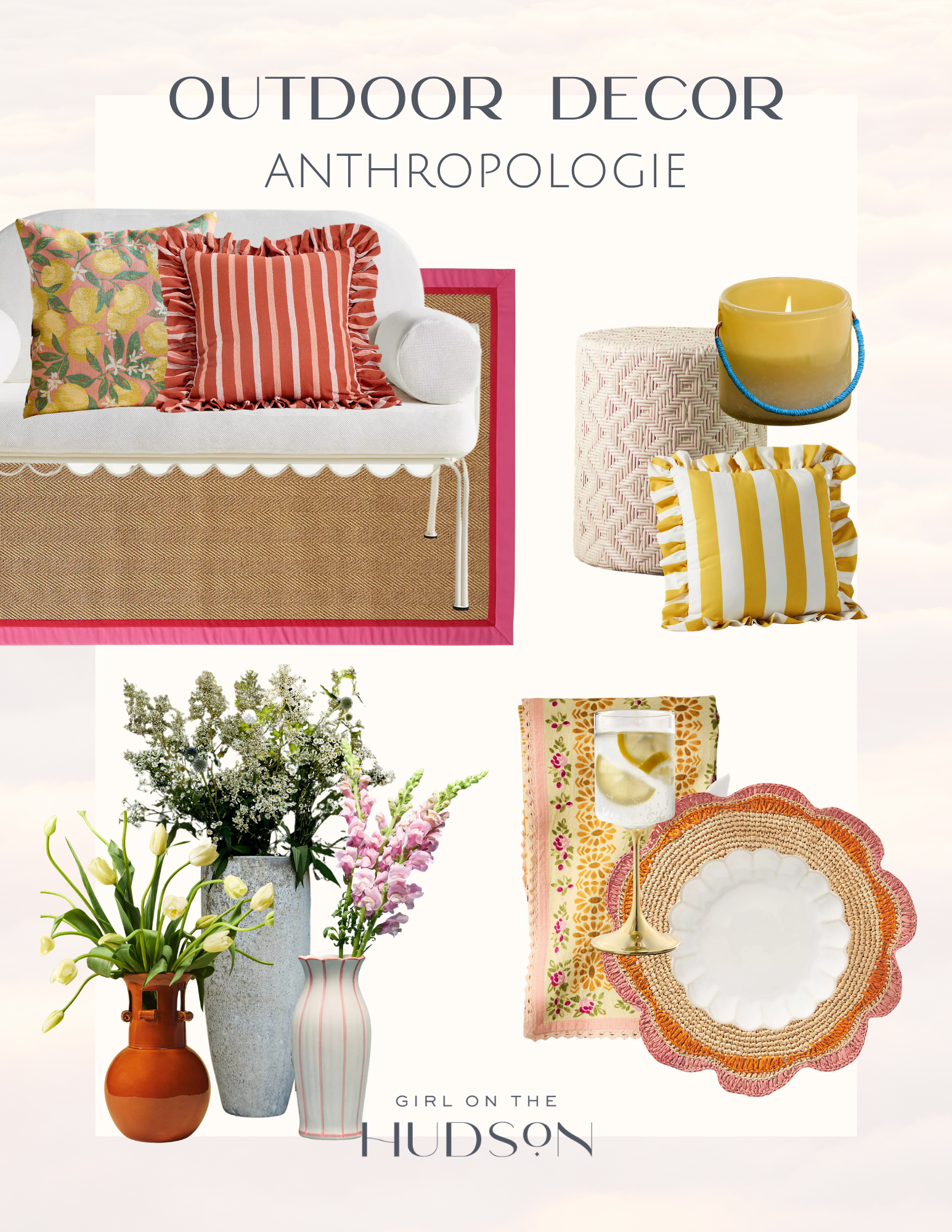 Outdoor decor inspiration collage featuring colorful Anthropologie patio furniture, striped outdoor pillows, floral accent cushions, decorative lantern candle, woven outdoor ottoman, spring flower arrangements, patterned outdoor dinnerware,