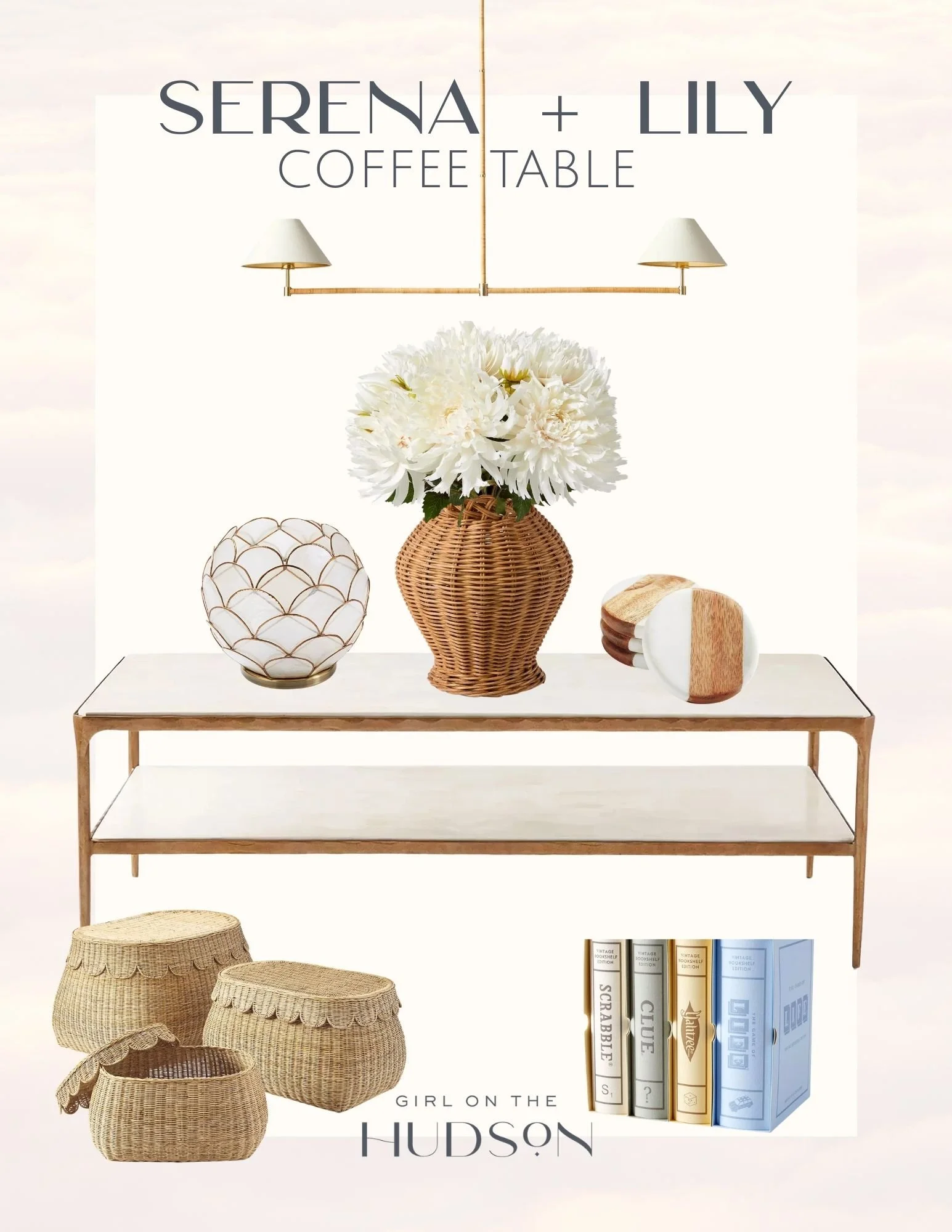 Serena and Lily coffee table styling with neutral decor, woven baskets, books, florals and modern coastal accessories