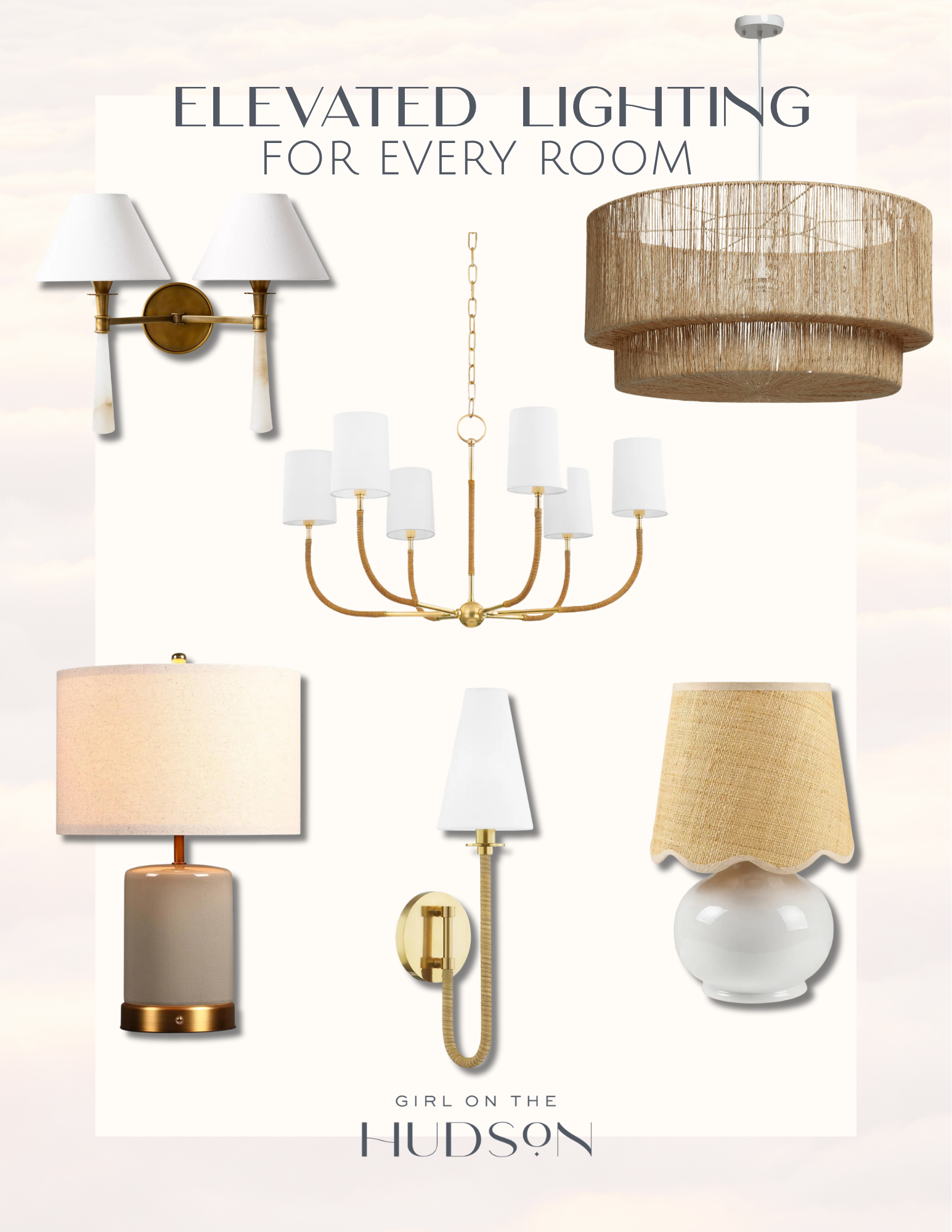 Home lighting collage featuring brass wall sconces, woven pendant lighting, chandelier, table lamps and textured lamp shades for elevated interiors.