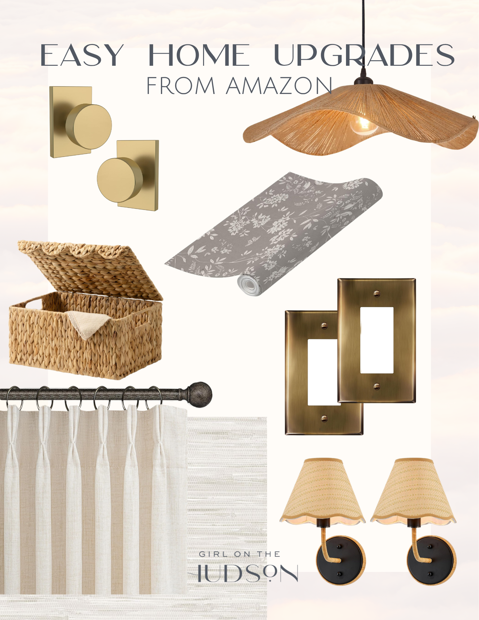 Amazon home upgrades collage featuring brass cabinet knobs, woven pendant light, peel and stick wallpaper, woven storage basket, brass switch plate covers