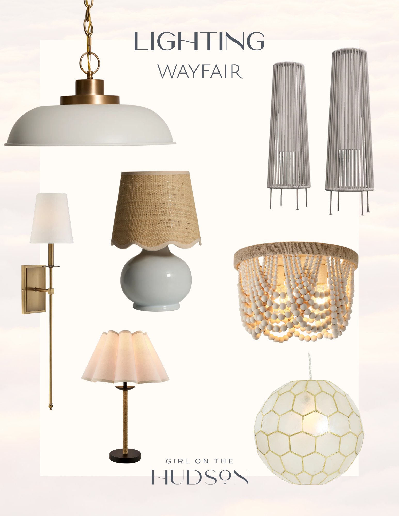 Wayfair lighting roundup featuring brass wall sconces, table lamps, pendant lights, floor lamps, and statement ceiling fixtures for living room, bedroom, and home decorating ideas.
