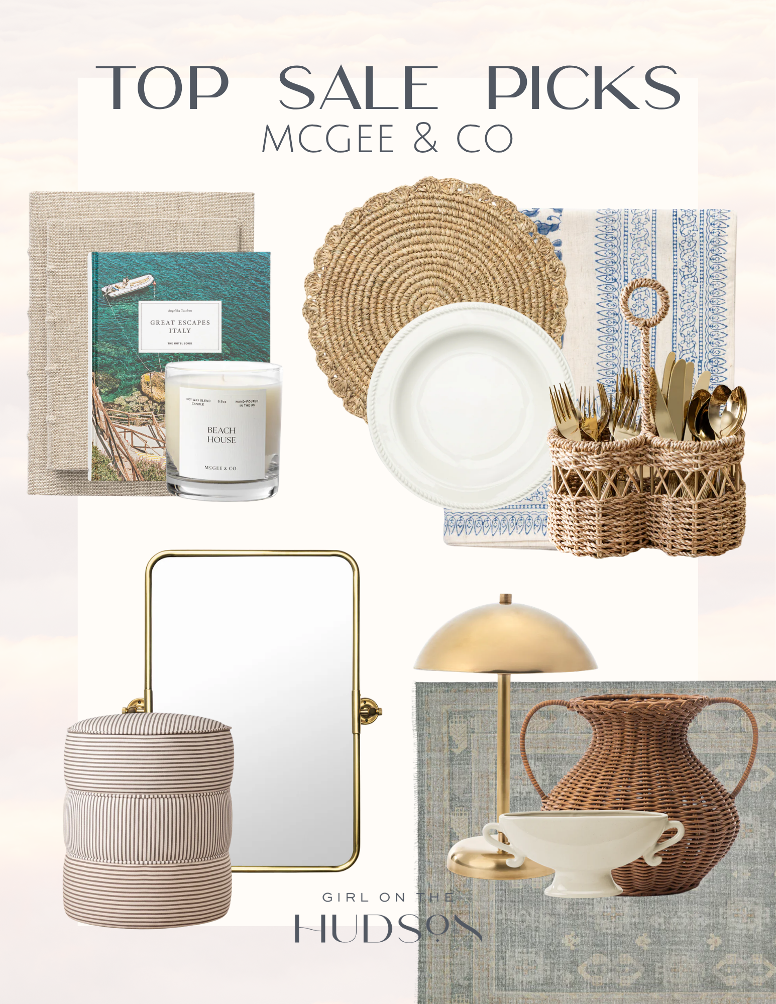 Home decor flat lay with rattan, gold accents, striped ottoman, and tabletop items from McGee & Co