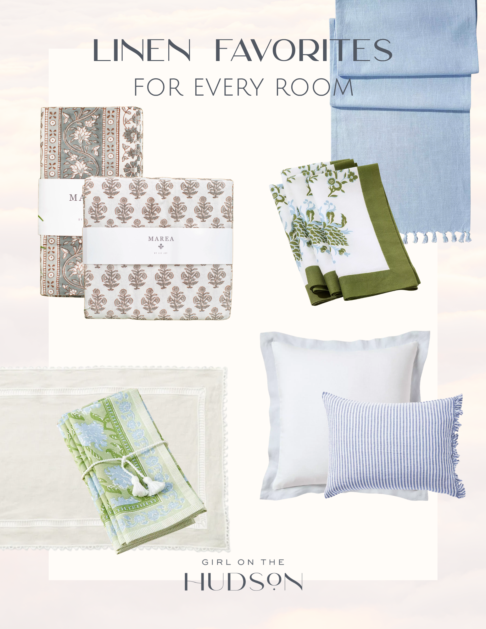 Linen favorites for every room featuring table linens, throw pillows, and home décor essentials.