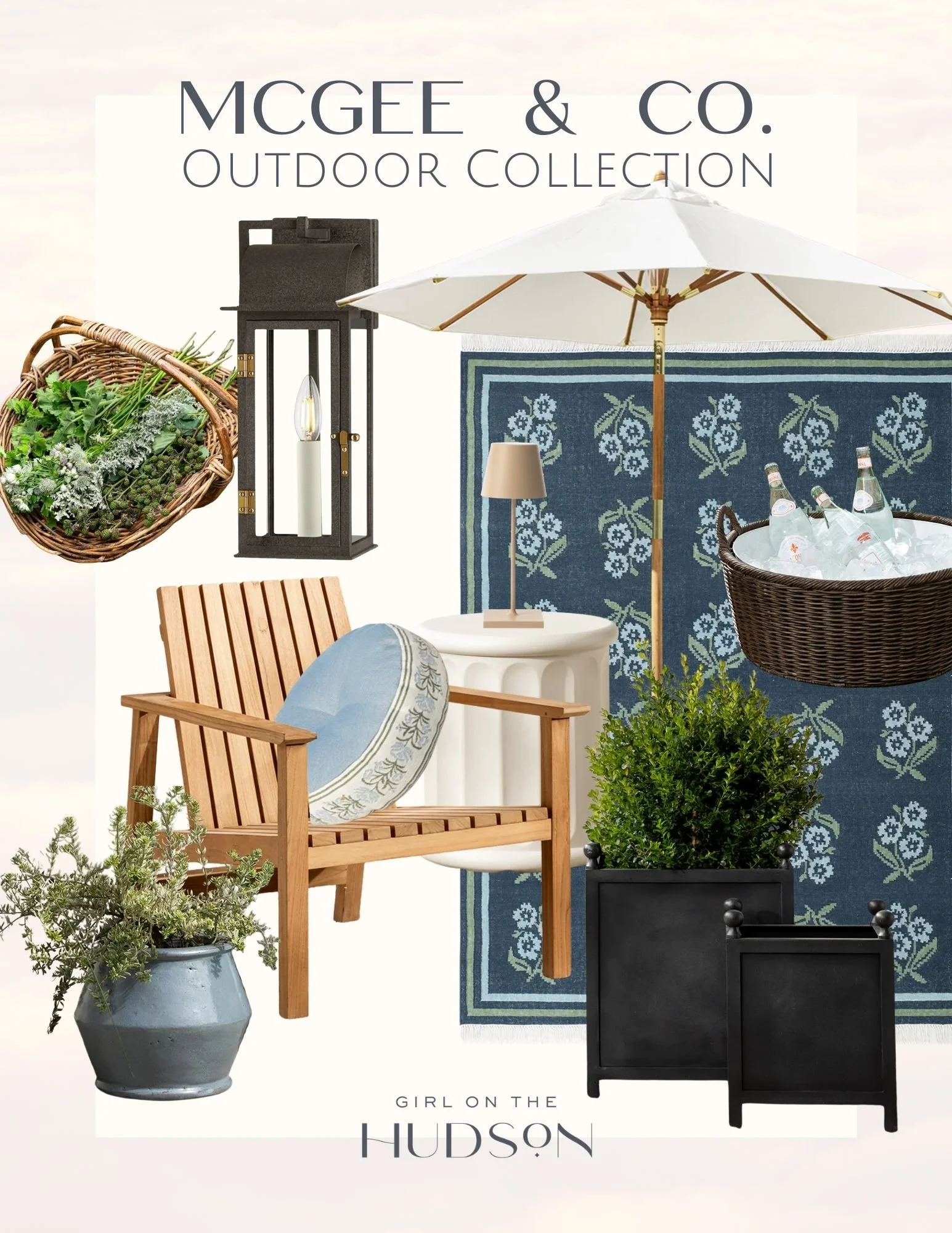 McGee and Co outdoor furniture and patio decor collage featuring woven chairs, outdoor lanterns, neutral patio seating, and coastal outdoor styling ideas for a backyard patio.