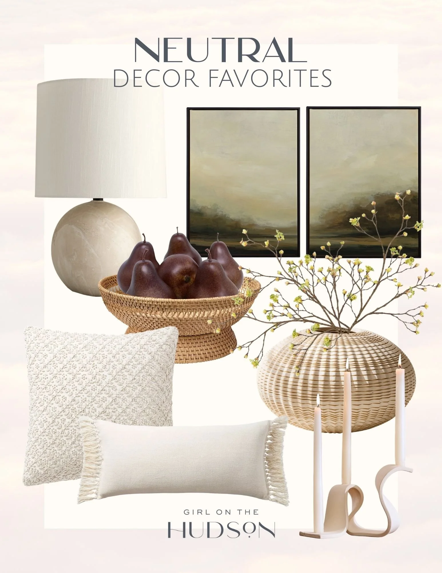 Neutral home decor collage with textured pillows, ceramic lamp, woven basket, artwork and warm neutral styling ideas