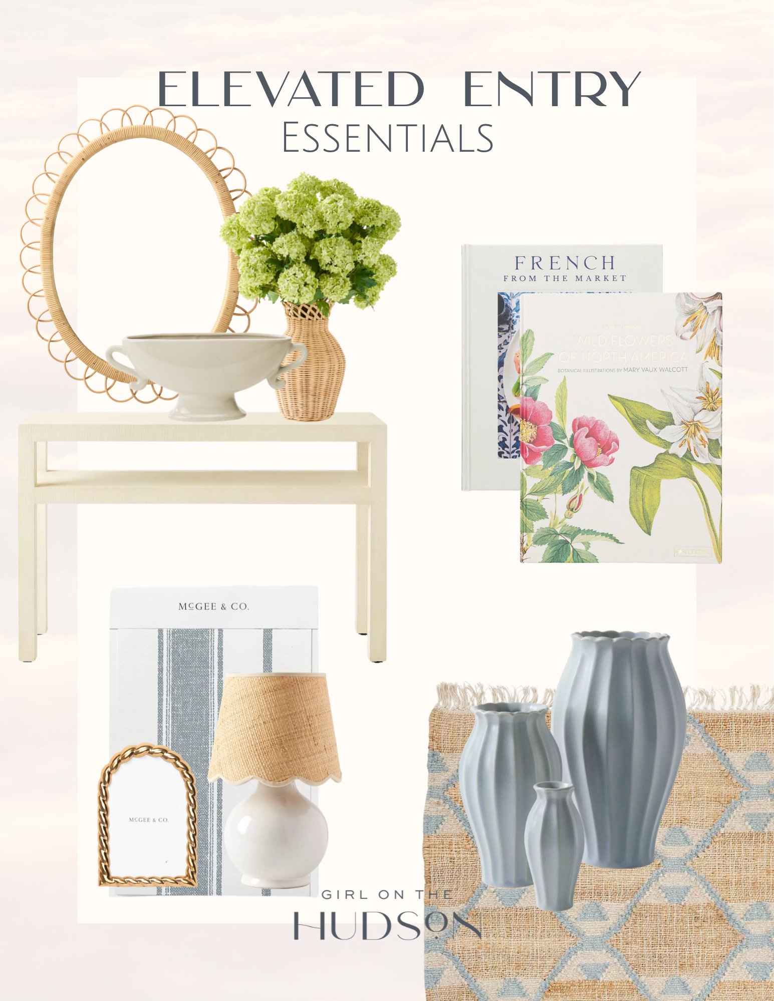 Elevated entryway essentials featuring a console table, mirror, vases, books, and home décor.