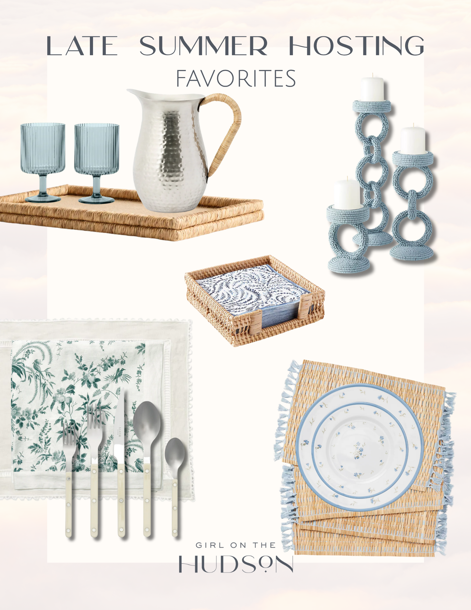 Late summer entertaining collage featuring blue glassware, woven serving trays, pitcher, patterned napkins, flatware, blue candle holders and woven placemats with floral dinnerware.