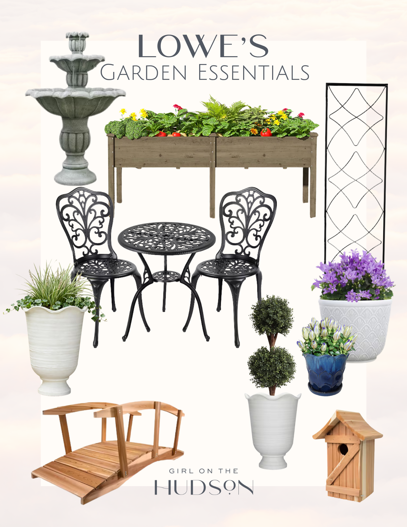 Lowe’s garden essentials collage with raised planter box, bistro set, fountain, and outdoor decor