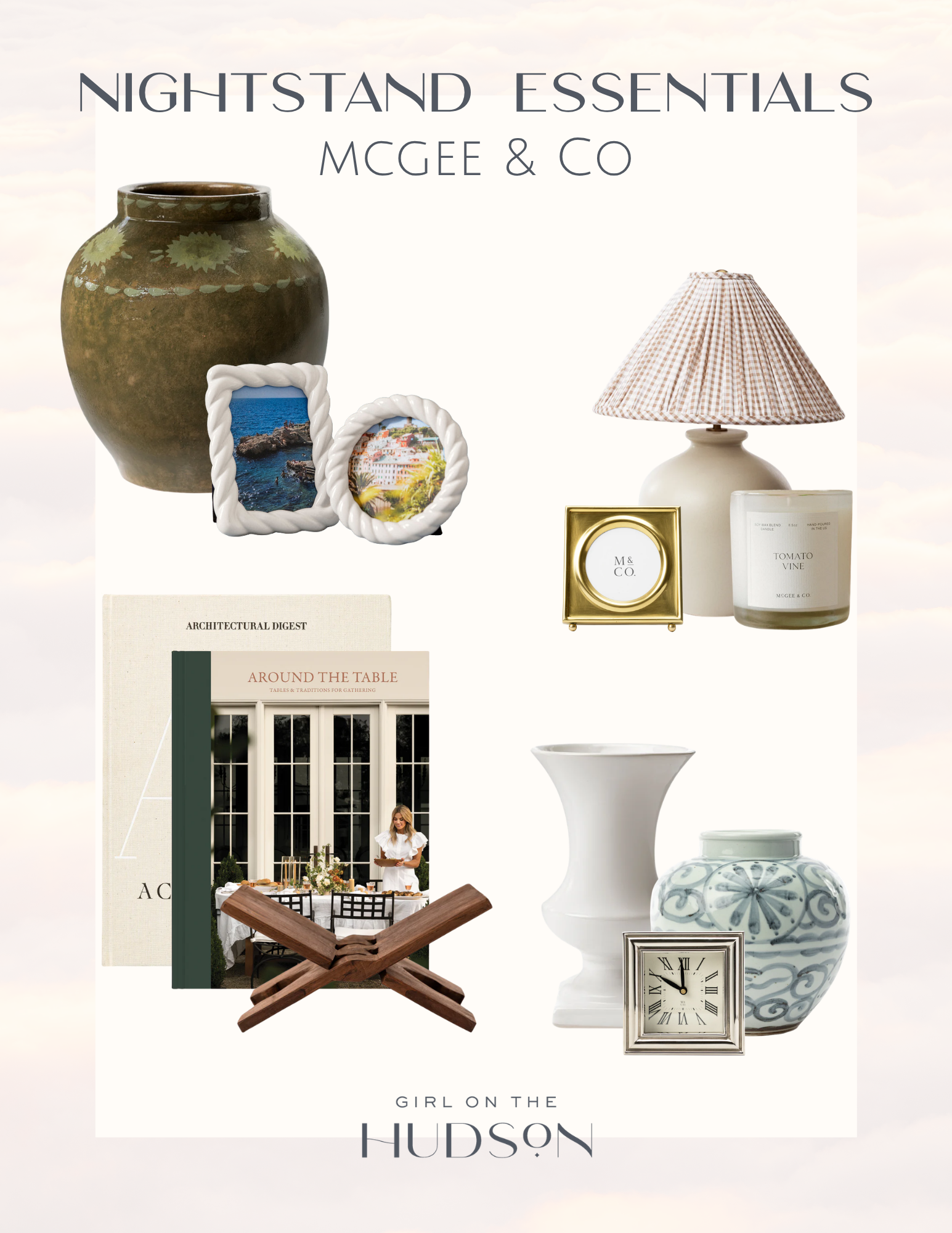 Collage of McGee & Co. nightstand styling essentials featuring a table lamp, decorative books, ceramic vase, candle, tray, greenery, and decorative accessories for a layered bedside look.