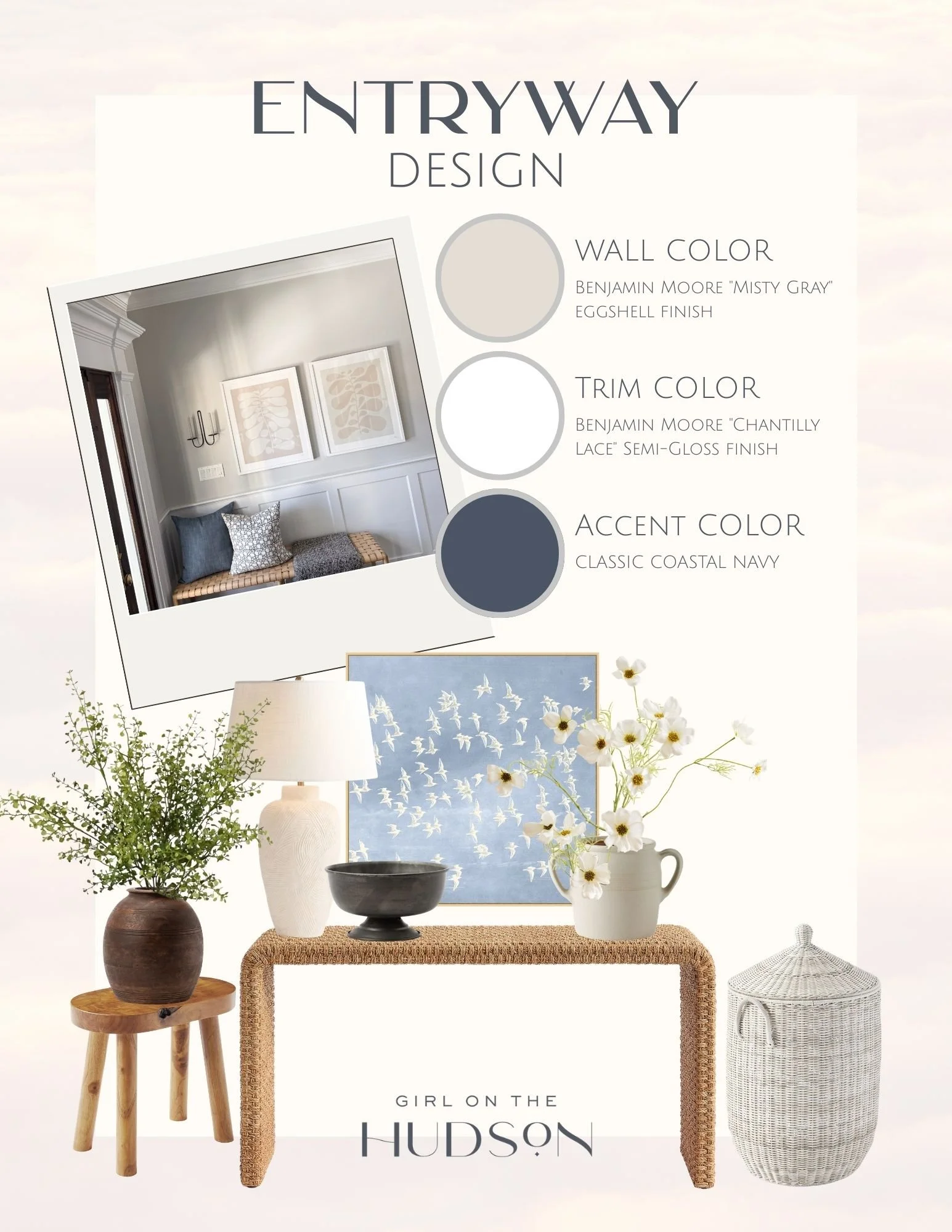 Entryway paint color guide featuring Benjamin Moore Misty Gray walls, Chantilly Lace trim, and coastal navy accent styling.