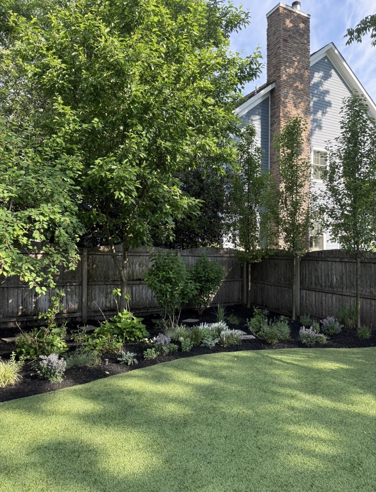 Layered backyard garden design with mature trees, black mulch garden beds, ornamental grasses, flowering perennials, and lush greenery surrounding a manicured lawn and cozy outdoor living space.