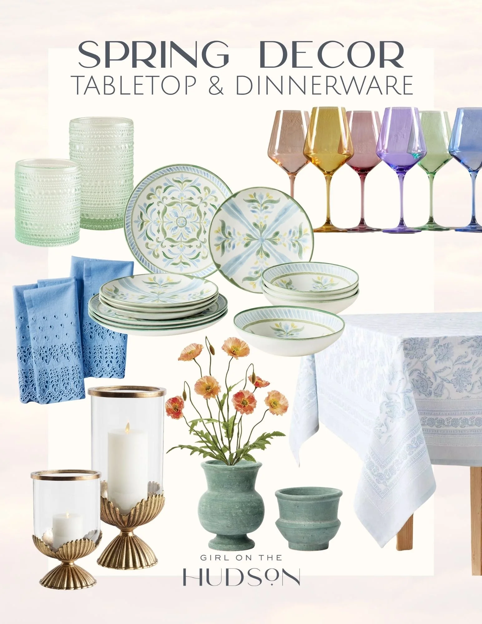 Spring tabletop decor and dinnerware featuring patterned plates, pastel wine glasses, blue linen napkins, candles, and floral table setting essentials