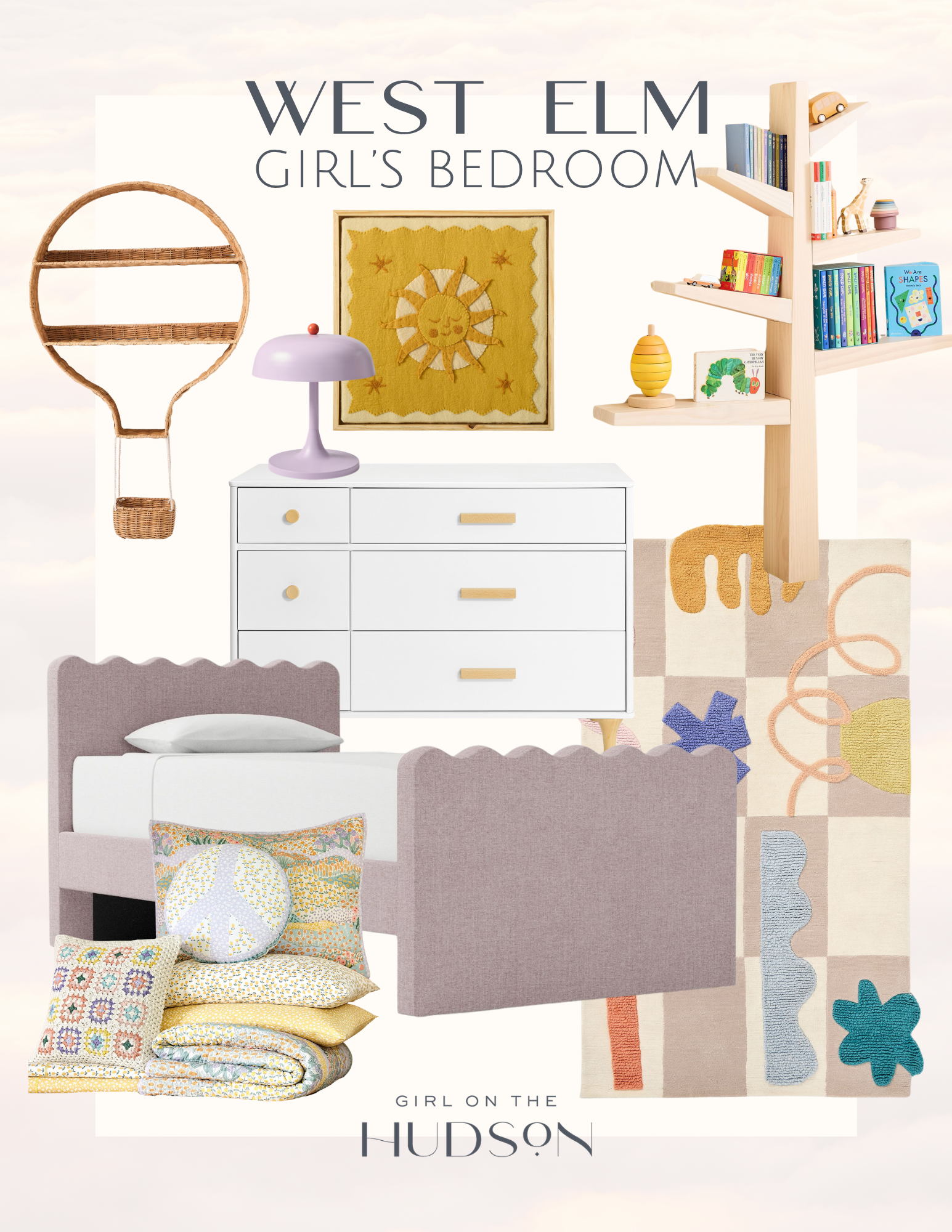 West Elm girls bedroom design collage with scalloped bed, pastel decor, kids bookshelf, and modern nursery accents