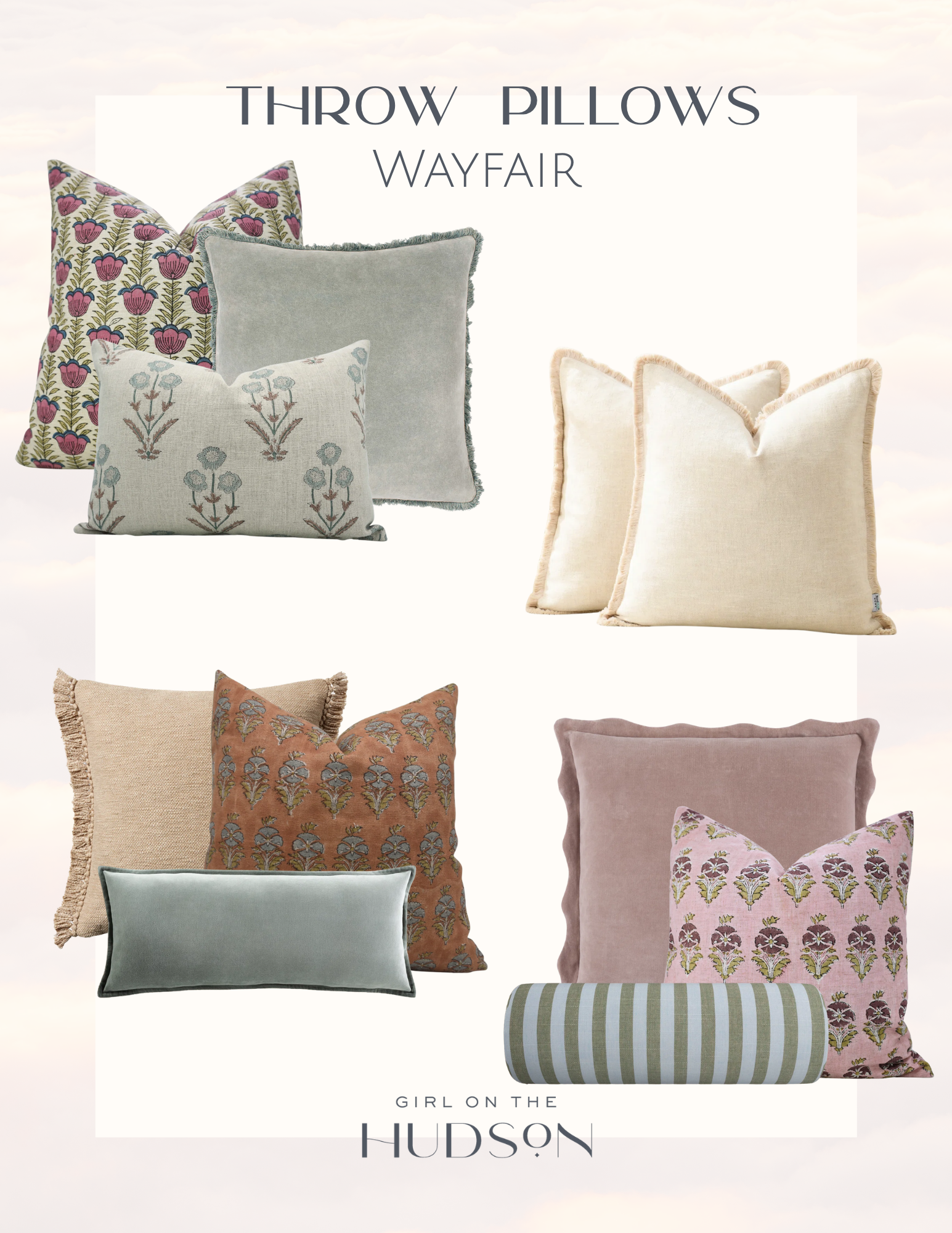 Wayfair throw pillow roundup featuring floral block print pillows, velvet accent pillows, neutral linen pillows, and striped lumbar pillows for living room and bedroom styling.