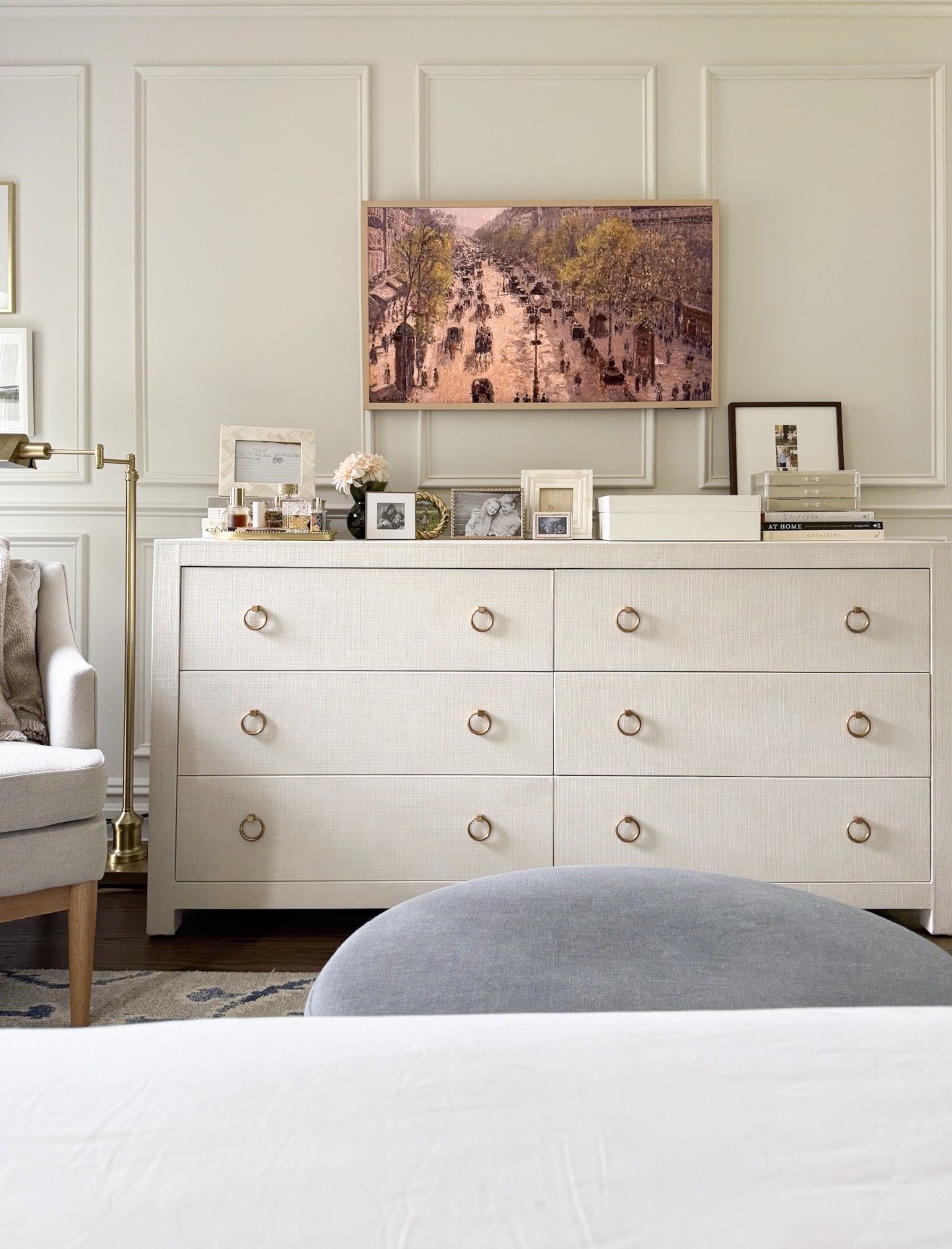 Serena & Lily Driftway dresser styled in a bright bedroom with neutral decor, brass hardware, and coastal-inspired furnishings.