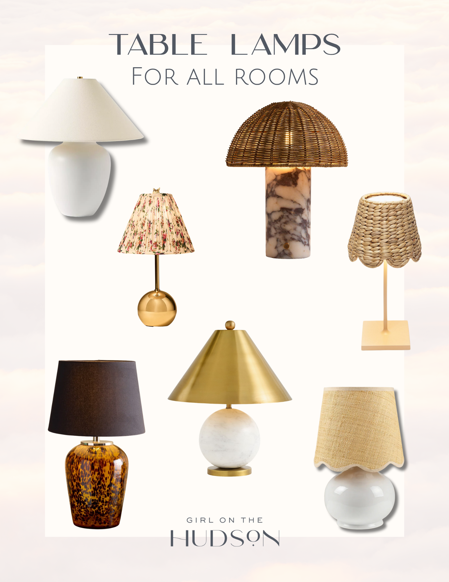 Collage of decorative table lamps throughout a neutral home featuring ceramic, brass, and textured lamp bases with linen shades that create warm, layered lighting in the entryway, den, dining room, and breakfast nook.