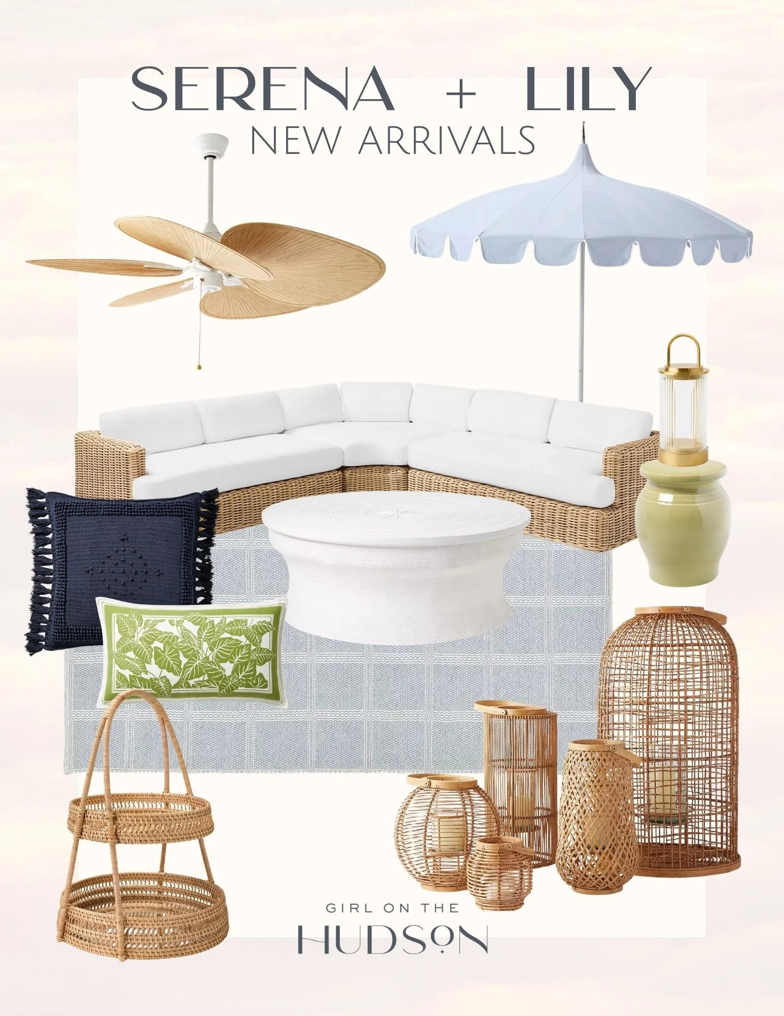 Serena and Lily outdoor furniture collage featuring wicker sectional seating, coastal patio decor, woven lanterns, striped outdoor rug, and neutral outdoor living room styling.